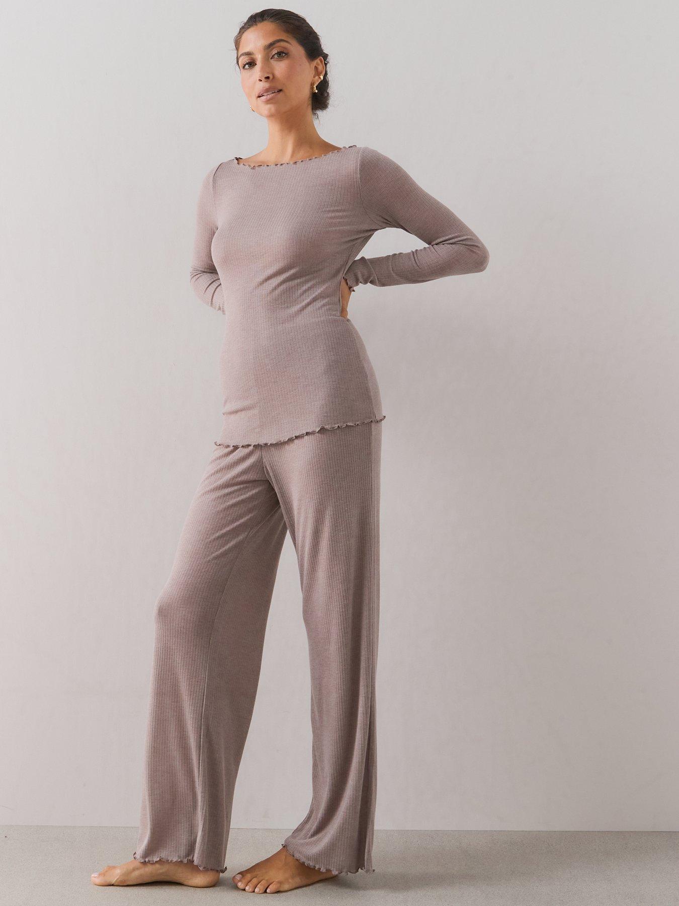 Image 4 of 7 of The Very Collection Frill Hem Ribbed Long Sleeve Pyjama Set - Mocha