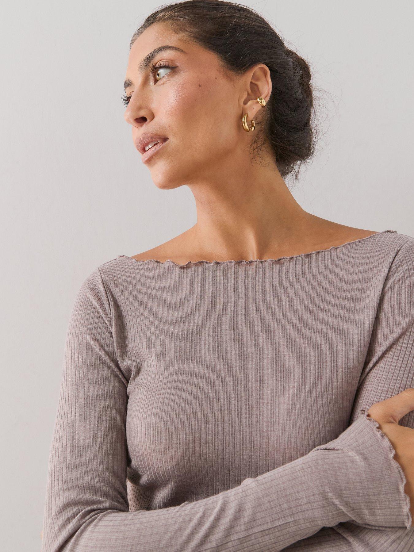 Image 6 of 7 of The Very Collection Frill Hem Ribbed Long Sleeve Pyjama Set - Mocha