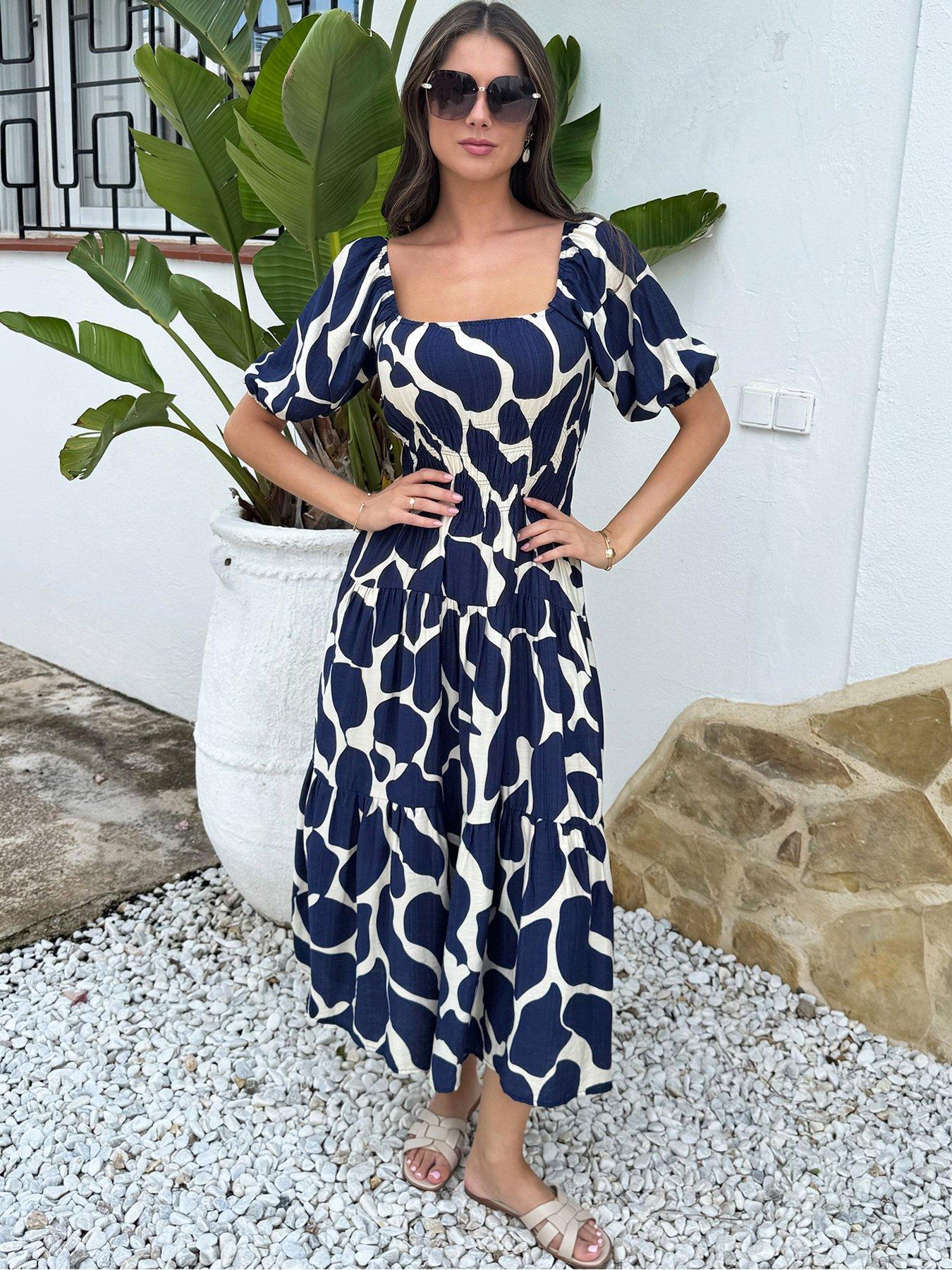 AX Paris Navy and Cream Abstract Print Puff Sleeve Smock Midi Dress