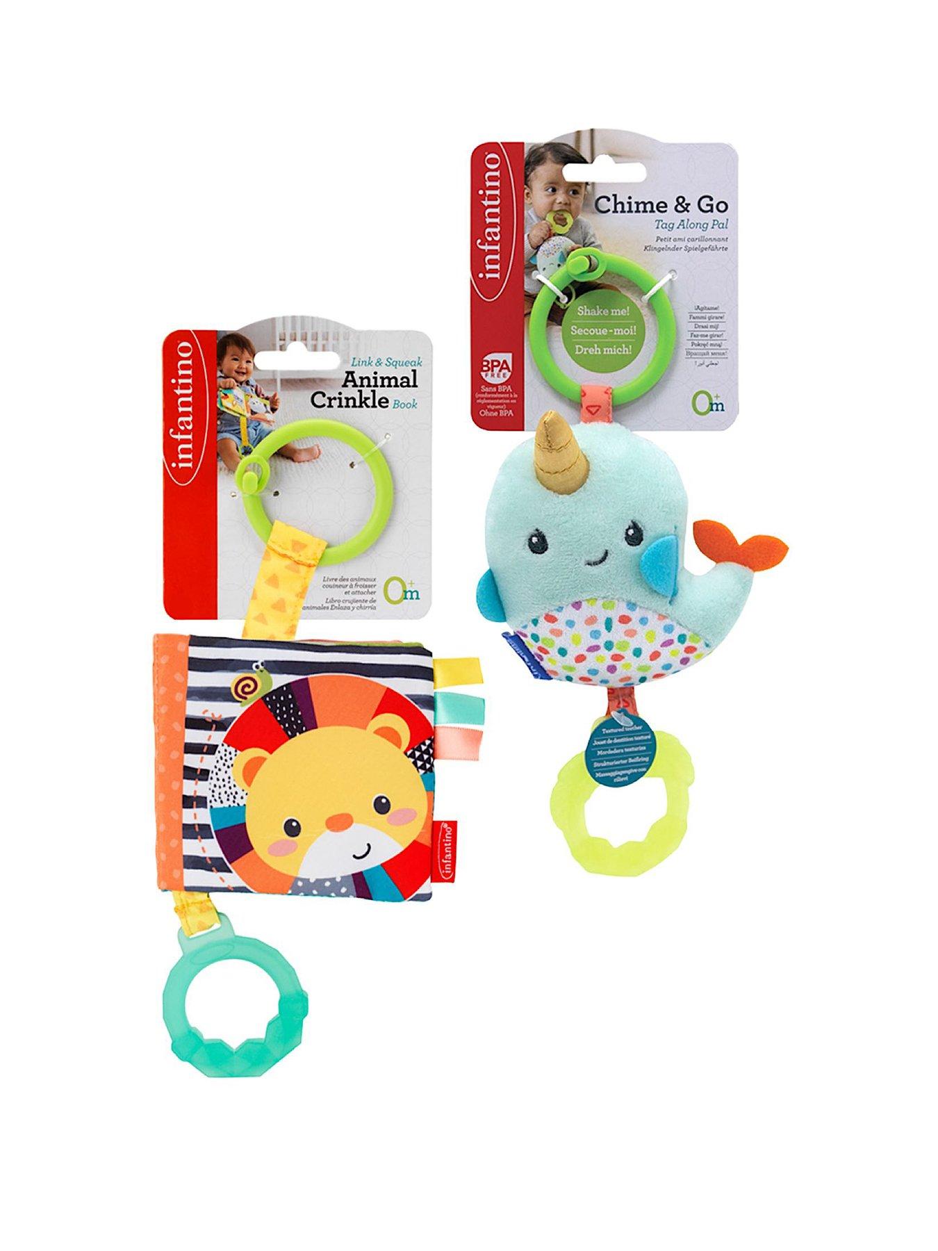infantino-link-squeak-animal-crinkle-book-with-teether-chime-and-go-tag-along-pal-bundle-set