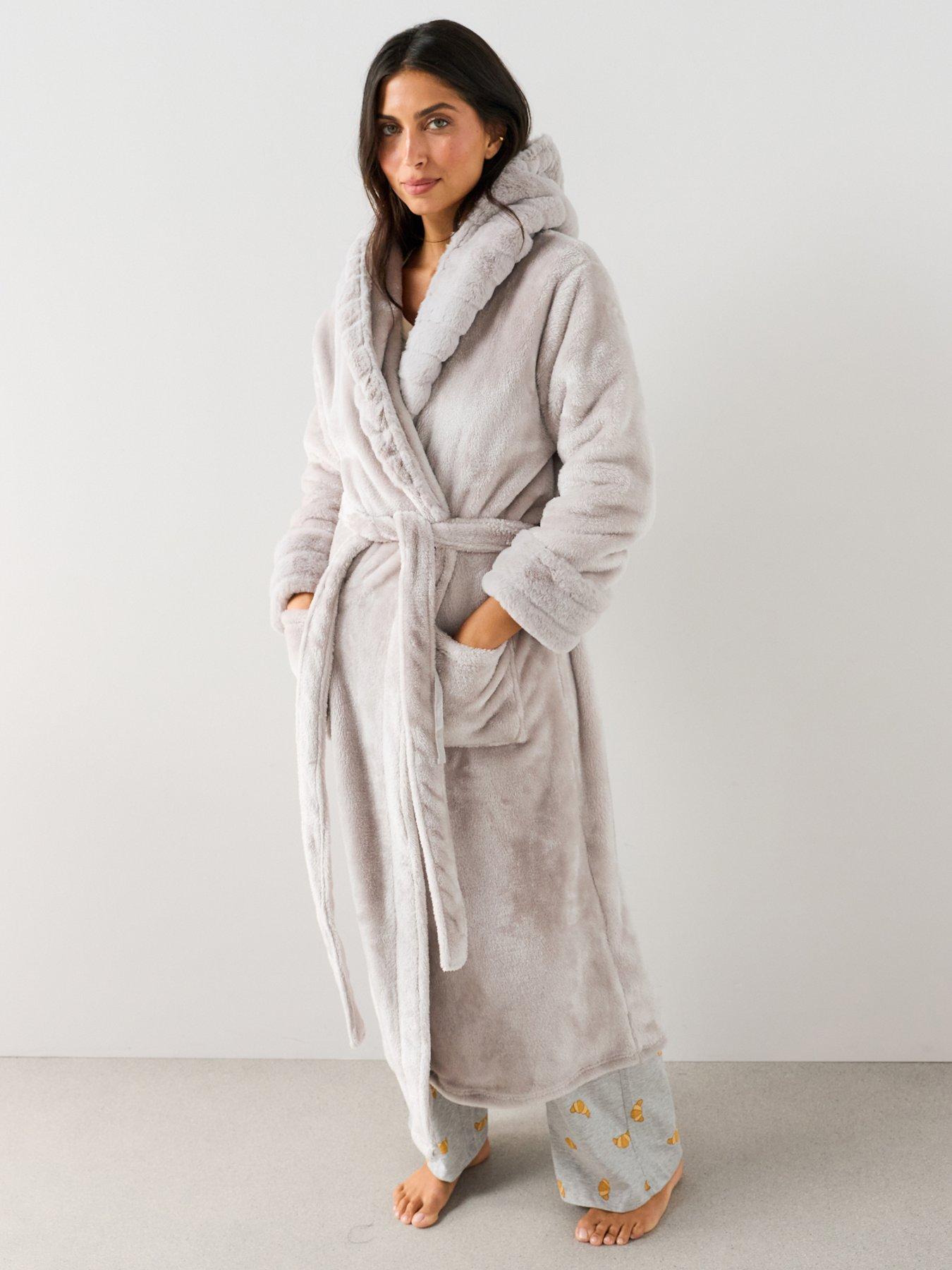 The Very Collection Plush Hooded Dressing Gown - Grey