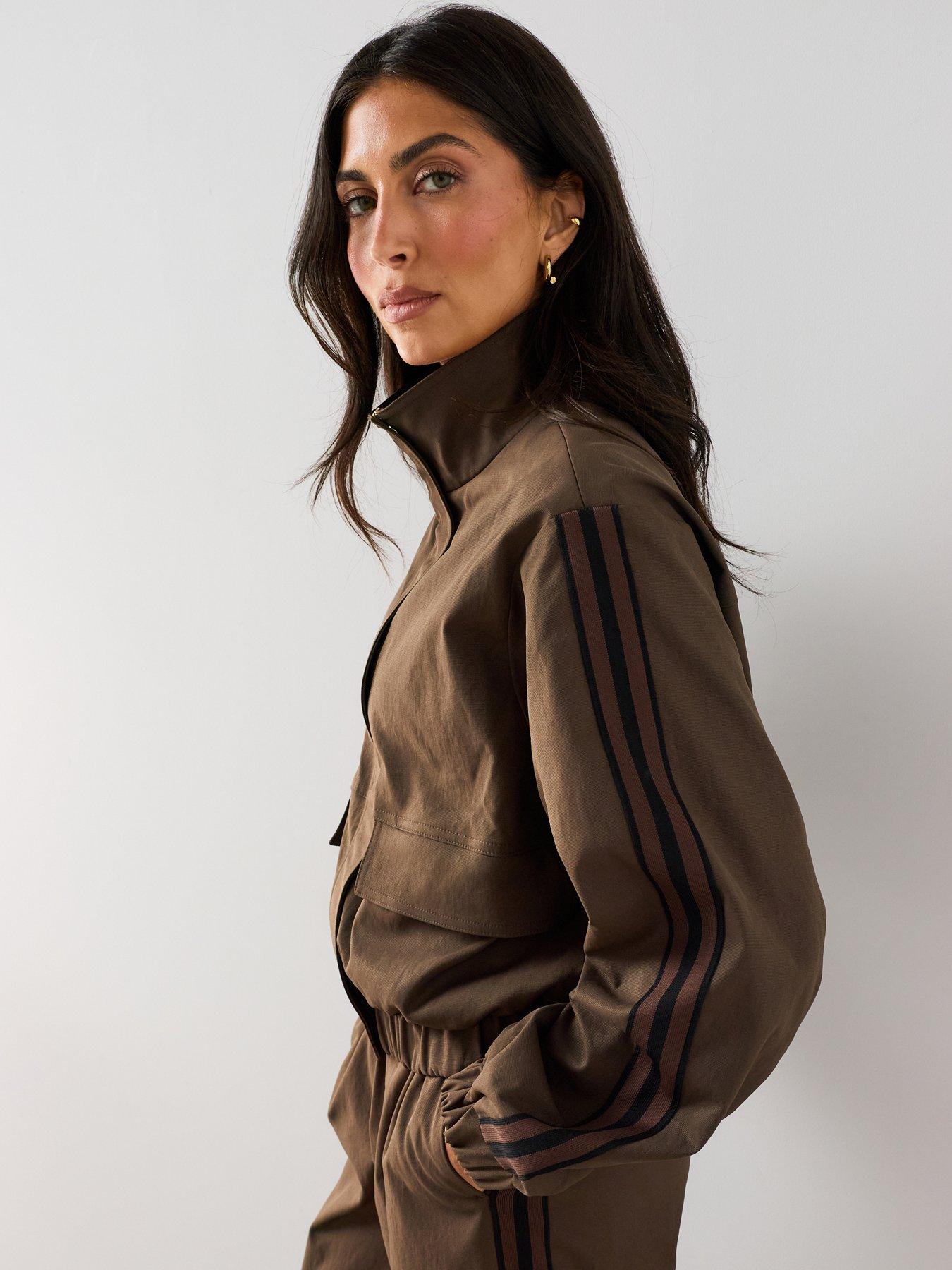 Image 1 of 7 of The Very Collection Women's Side Stripe Funnel Neck Bomber Jacket - Brown