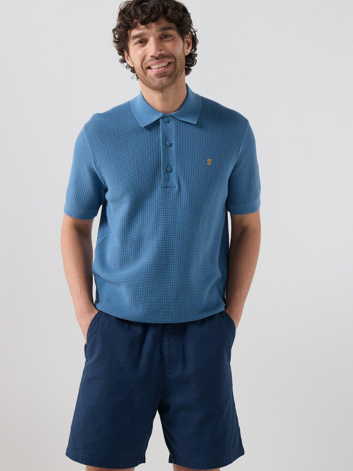 Image 1 of 6 of Farah Thornley Regular Fit Textured Knitted Polo Shirt - Blue