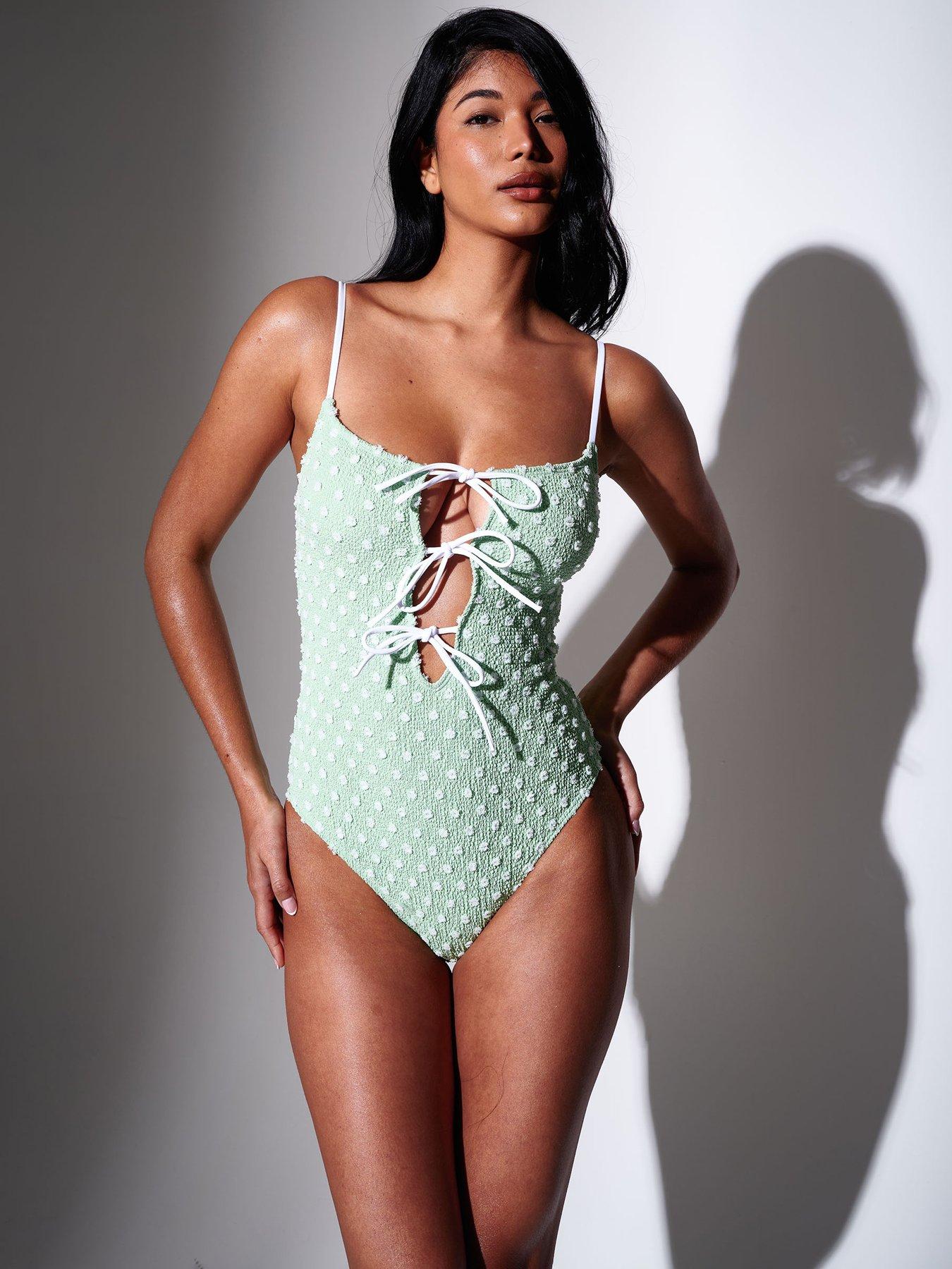 South Beach Beach Textured Spot Tie Front Swimsuit - Mint