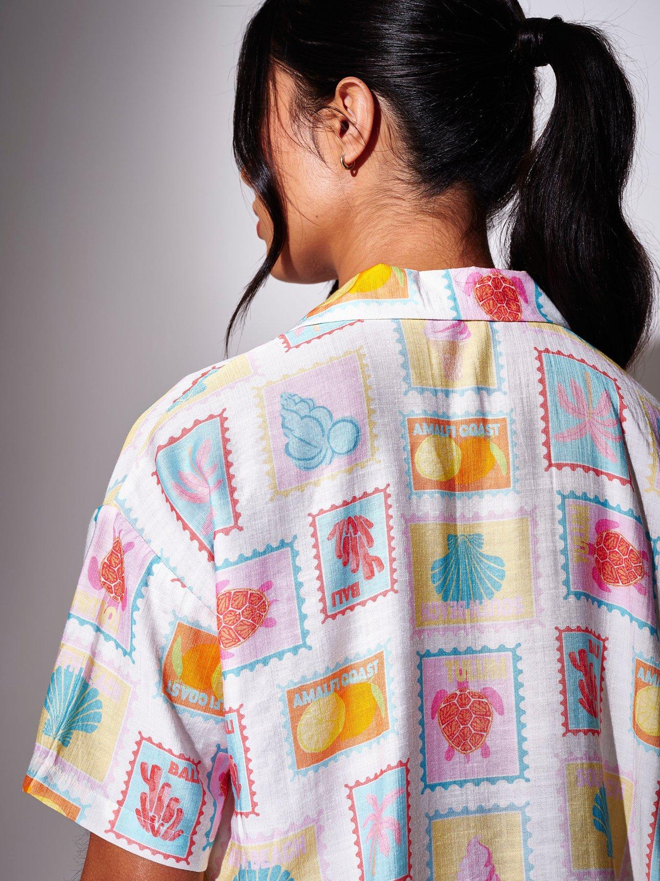 Image 5 of 5 of South Beach Beach Postcard Printed Tie Front Boxy Shirt - Multi