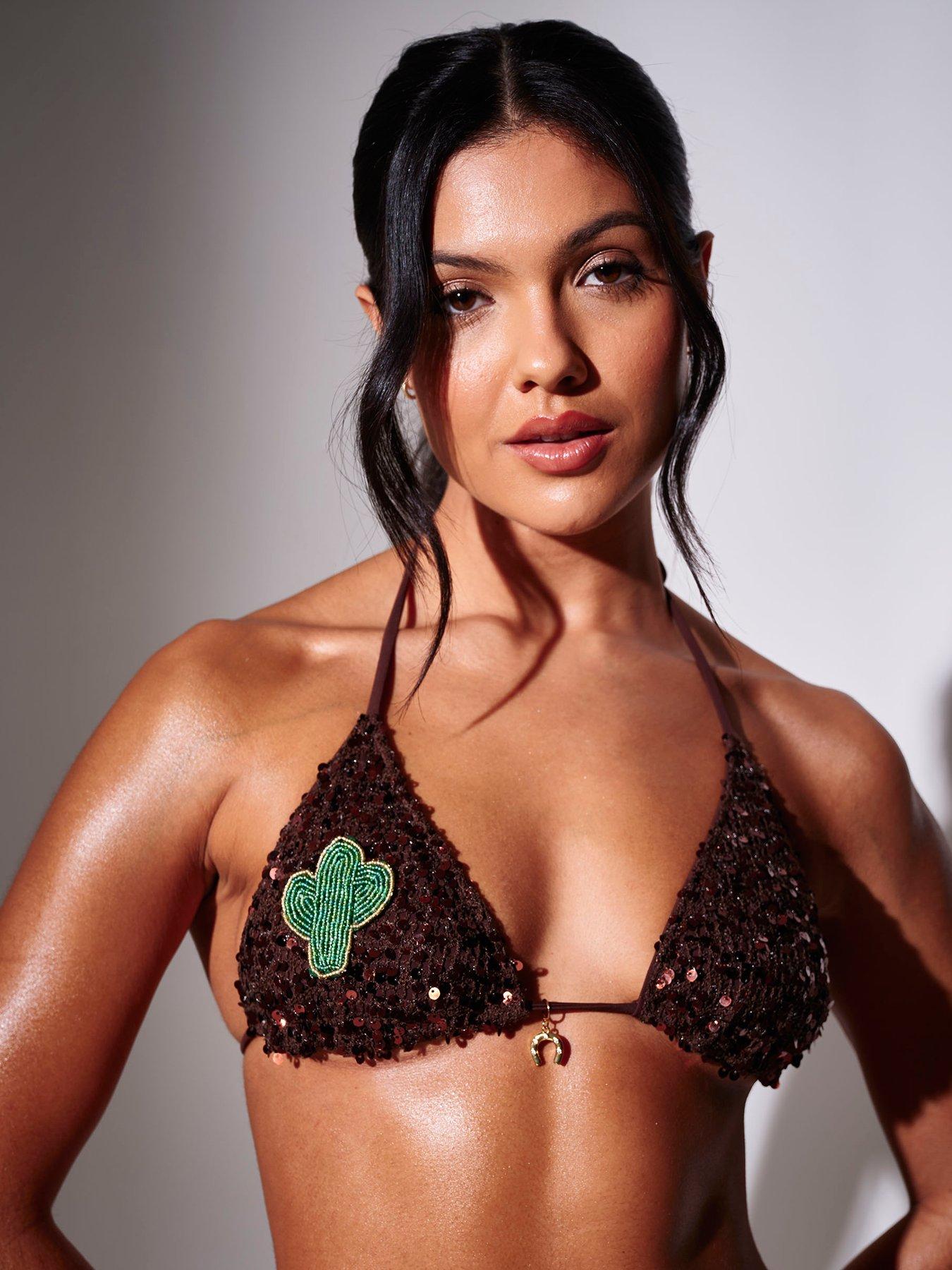 Image 3 of 5 of South Beach Sequin Crochet Beaded Cactus Triangle Bikini Top - Brown