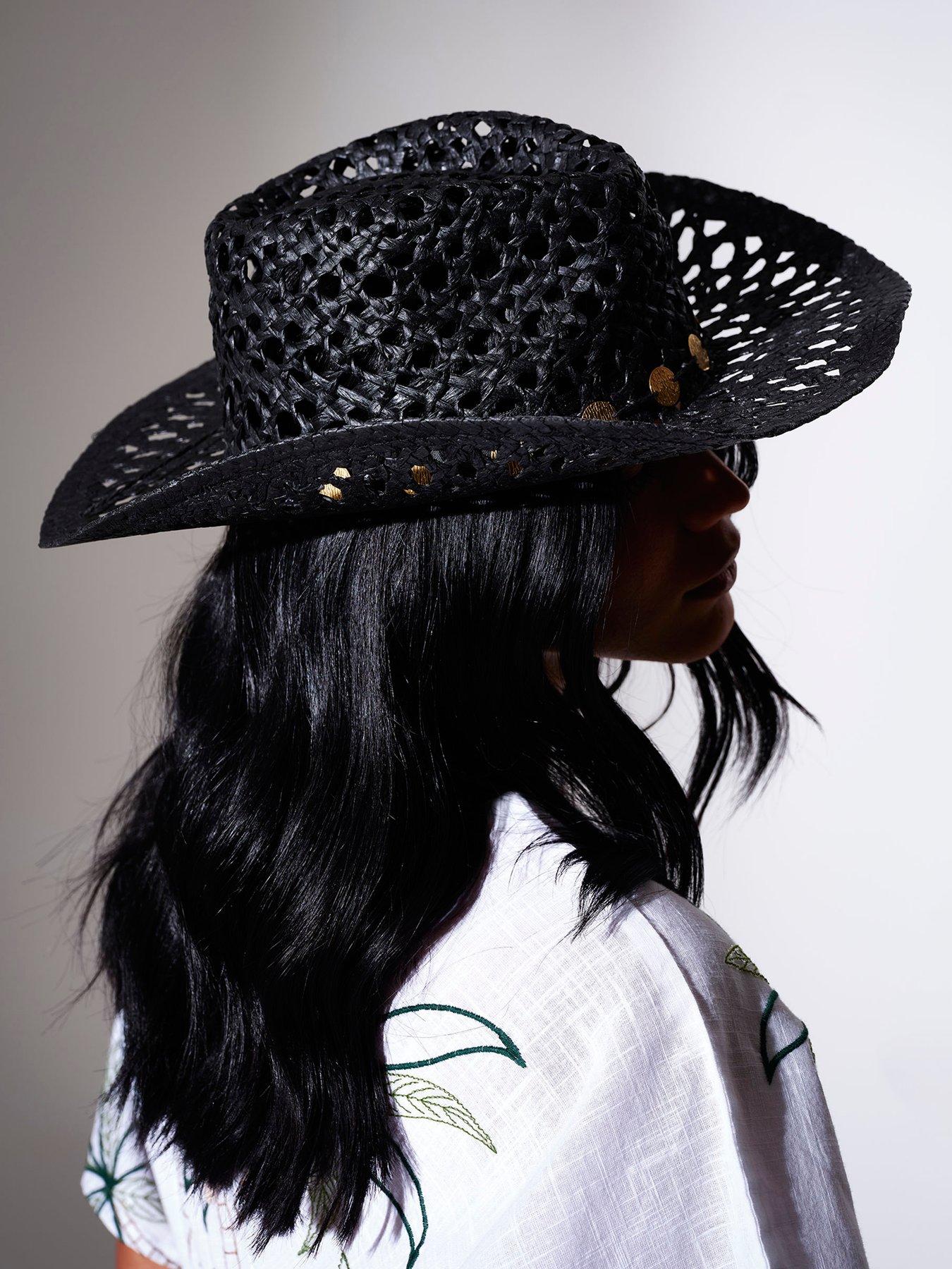 Image 3 of 4 of South Beach Straw Coin Trim Cowboy Hat - Black