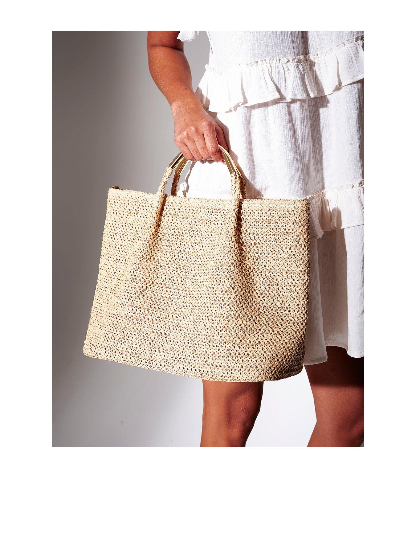 South Beach Straw Metal Handle Tote Bag - Beige