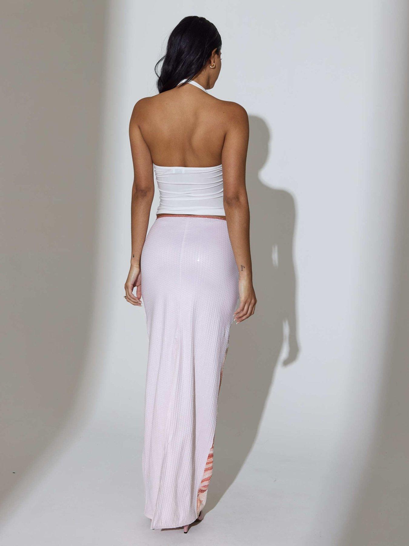 Image 5 of 5 of South Beach Sequin Overlay Seashell Printed Maxi Skirt - Pink