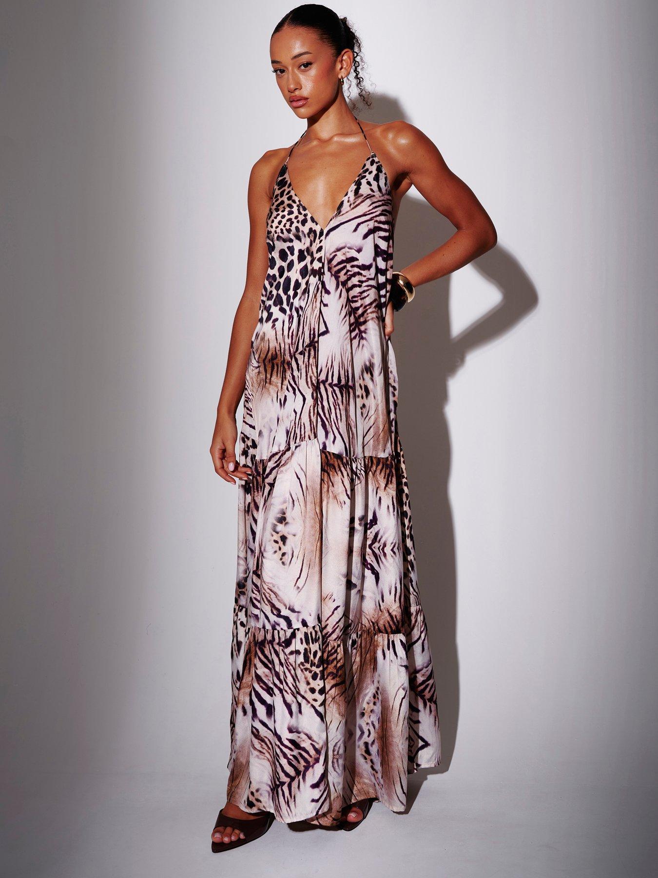 Image 1 of 7 of South Beach Leopard Halterneck Tiered Maxi Dress - Multi