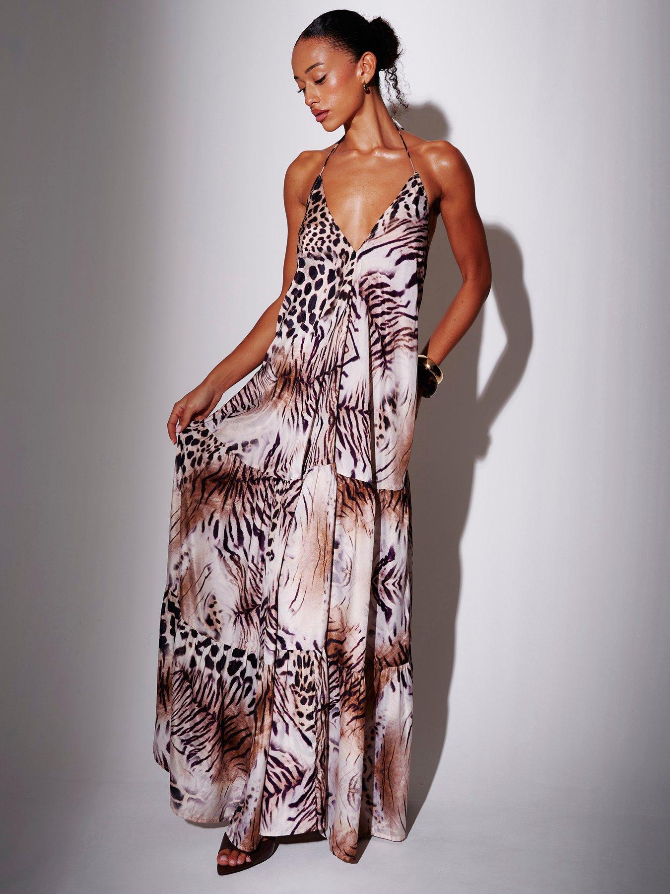 Image 2 of 7 of South Beach Leopard Halterneck Tiered Maxi Dress - Multi