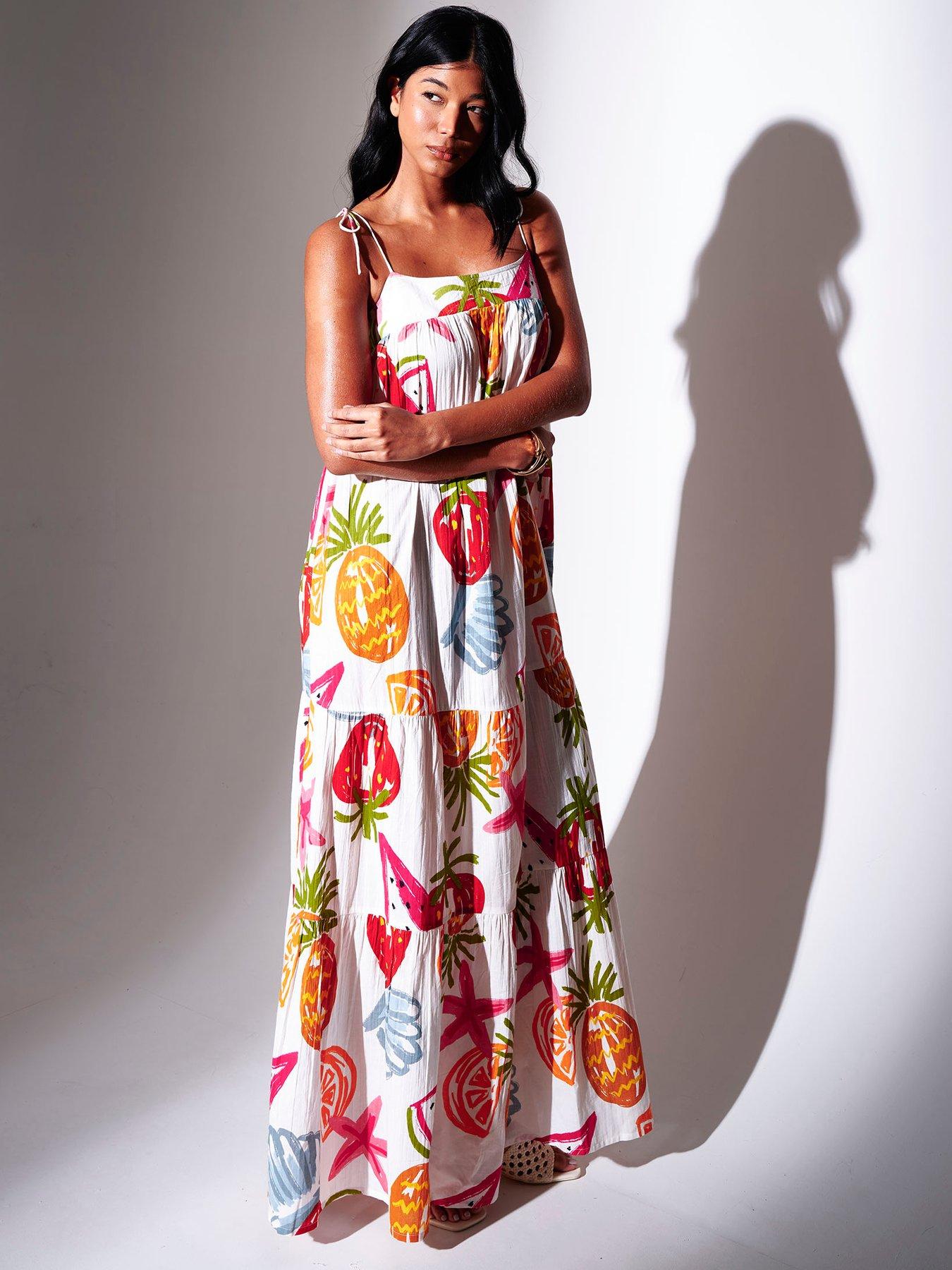 South Beach Abstract Fruit Printed Strappy Tiered Maxi Dress - Multi