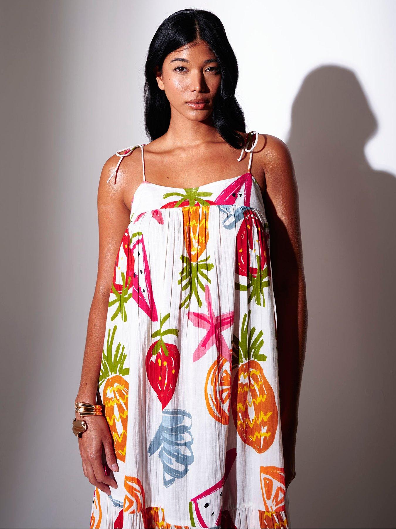 Image 2 of 4 of South Beach Abstract Fruit Printed Strappy Tiered Maxi Dress - Multi