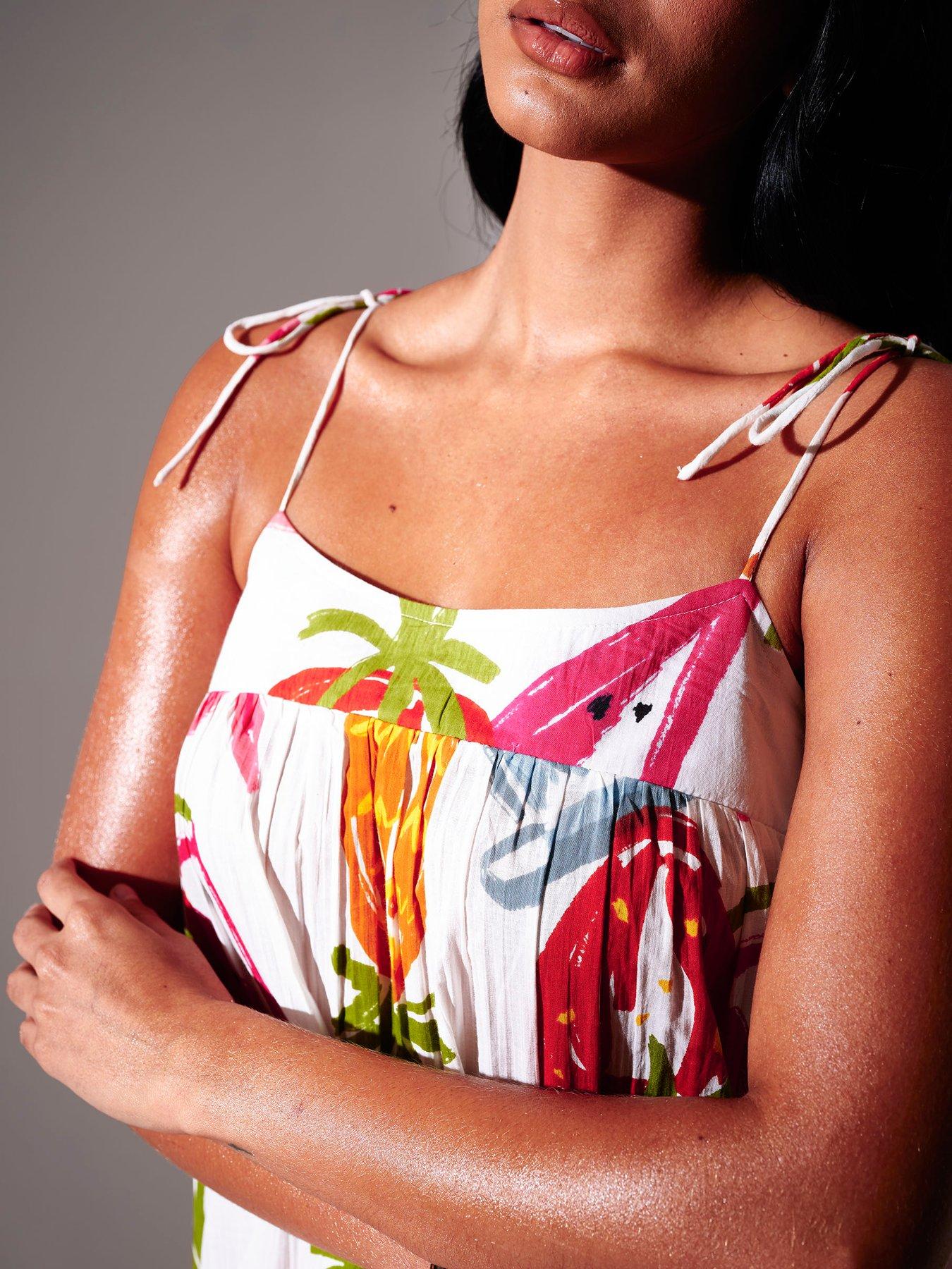 Image 3 of 4 of South Beach Abstract Fruit Printed Strappy Tiered Maxi Dress - Multi