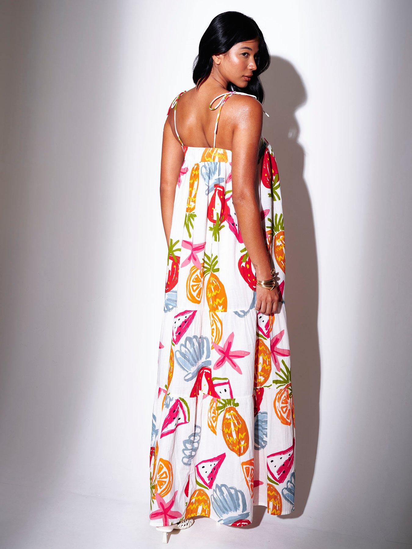 Image 4 of 4 of South Beach Abstract Fruit Printed Strappy Tiered Maxi Dress - Multi