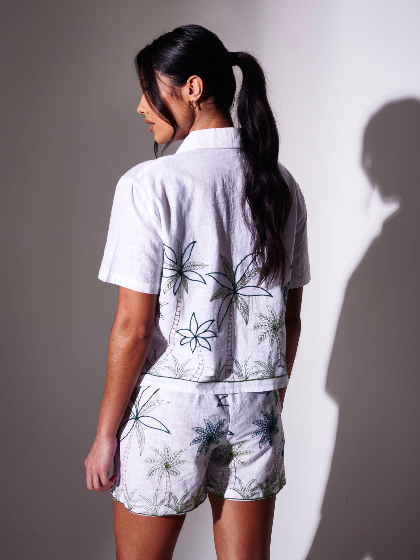 Image 3 of 5 of South Beach Embroidered Palm Tree Short Sleeve Shirt - White