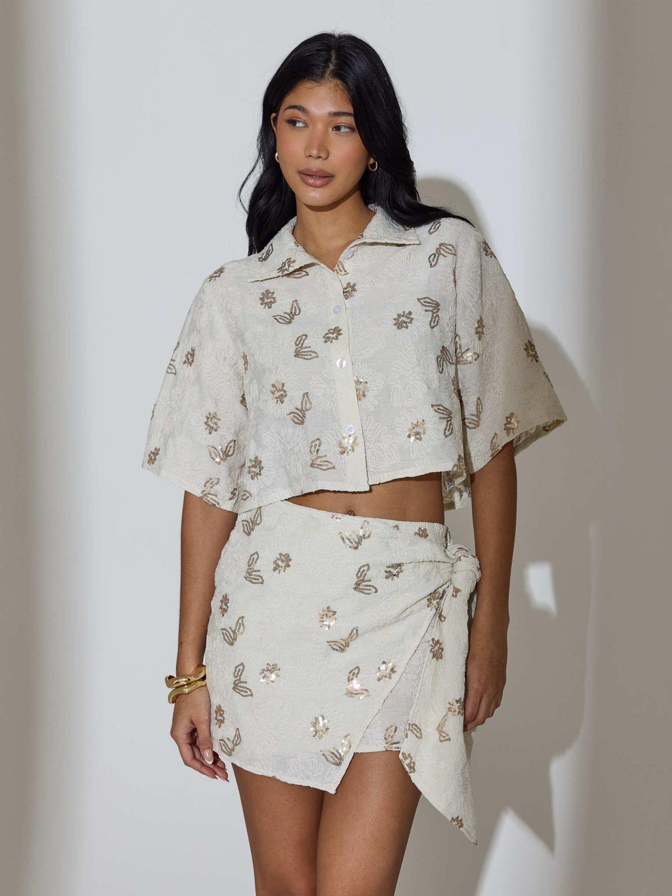 South Beach South Beach Floral Sequin Embroidered Wrap Mini Skirt - Cream