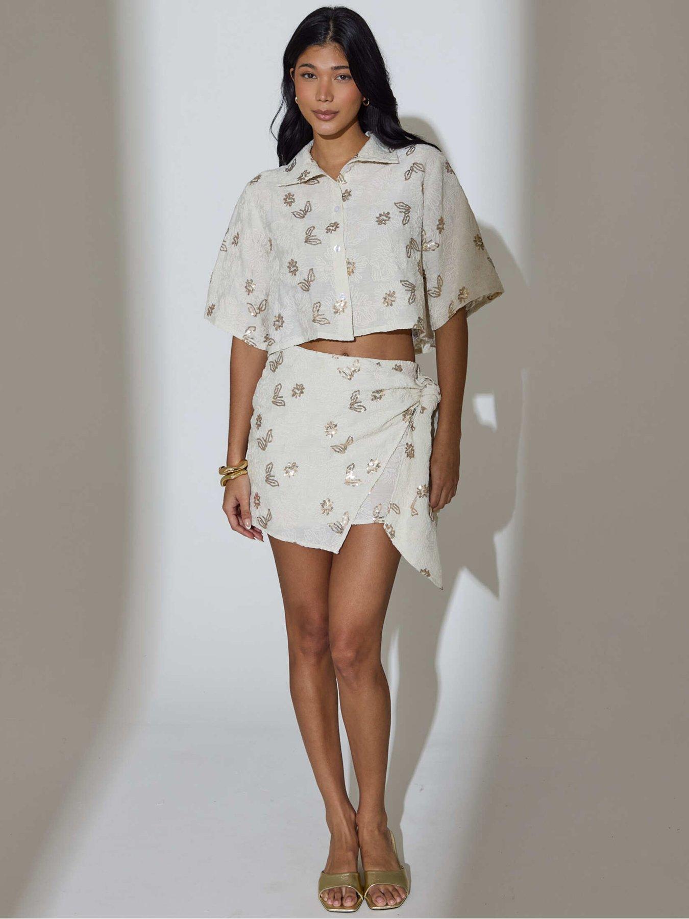 South Beach South Beach Floral Sequin Embroidered Short Sleeve Shirt - Cream