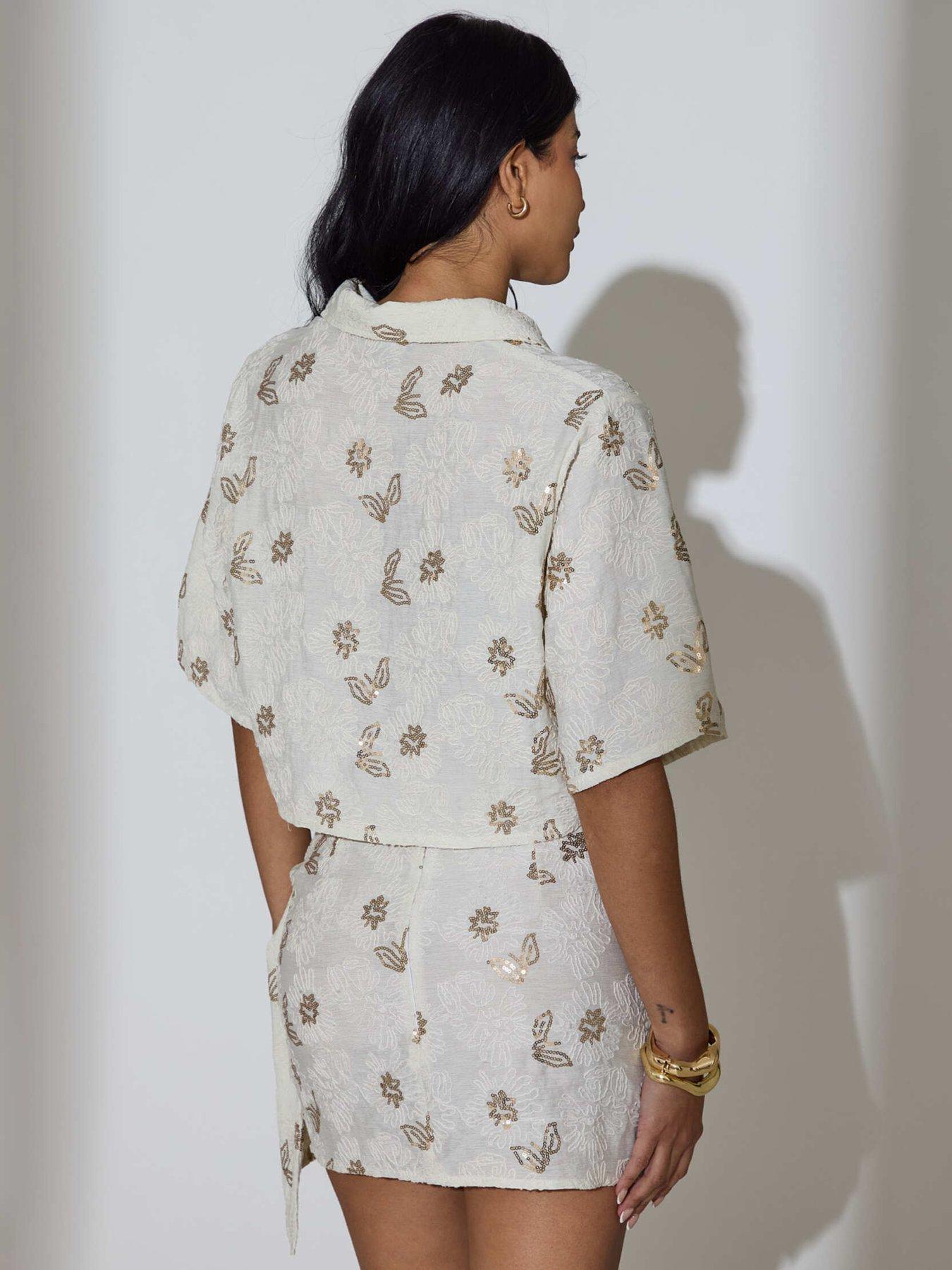 Image 3 of 3 of South Beach Floral Sequin Embroidered Short Sleeve Shirt - Cream