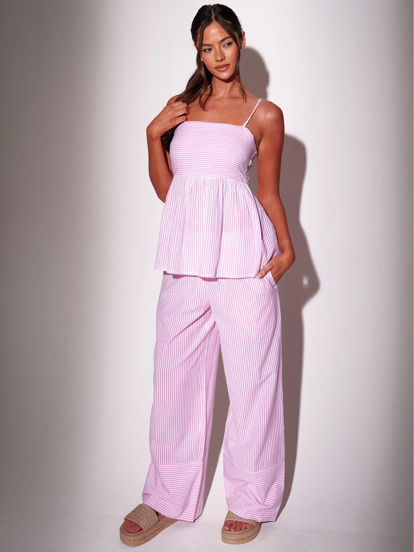South Beach Striped Tie Shoulder Peplum Top - Pink
