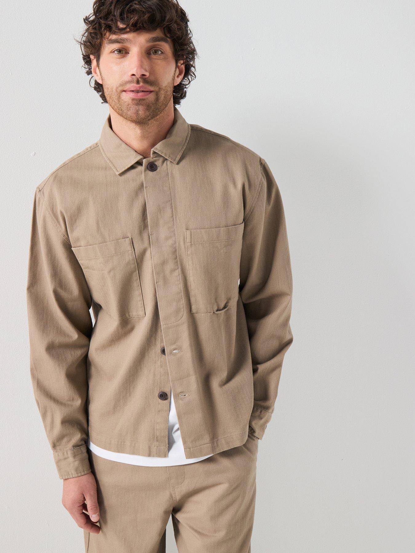 Farah Farah F Tab Marshall Box Fit Herringbone Overshirt - Beige