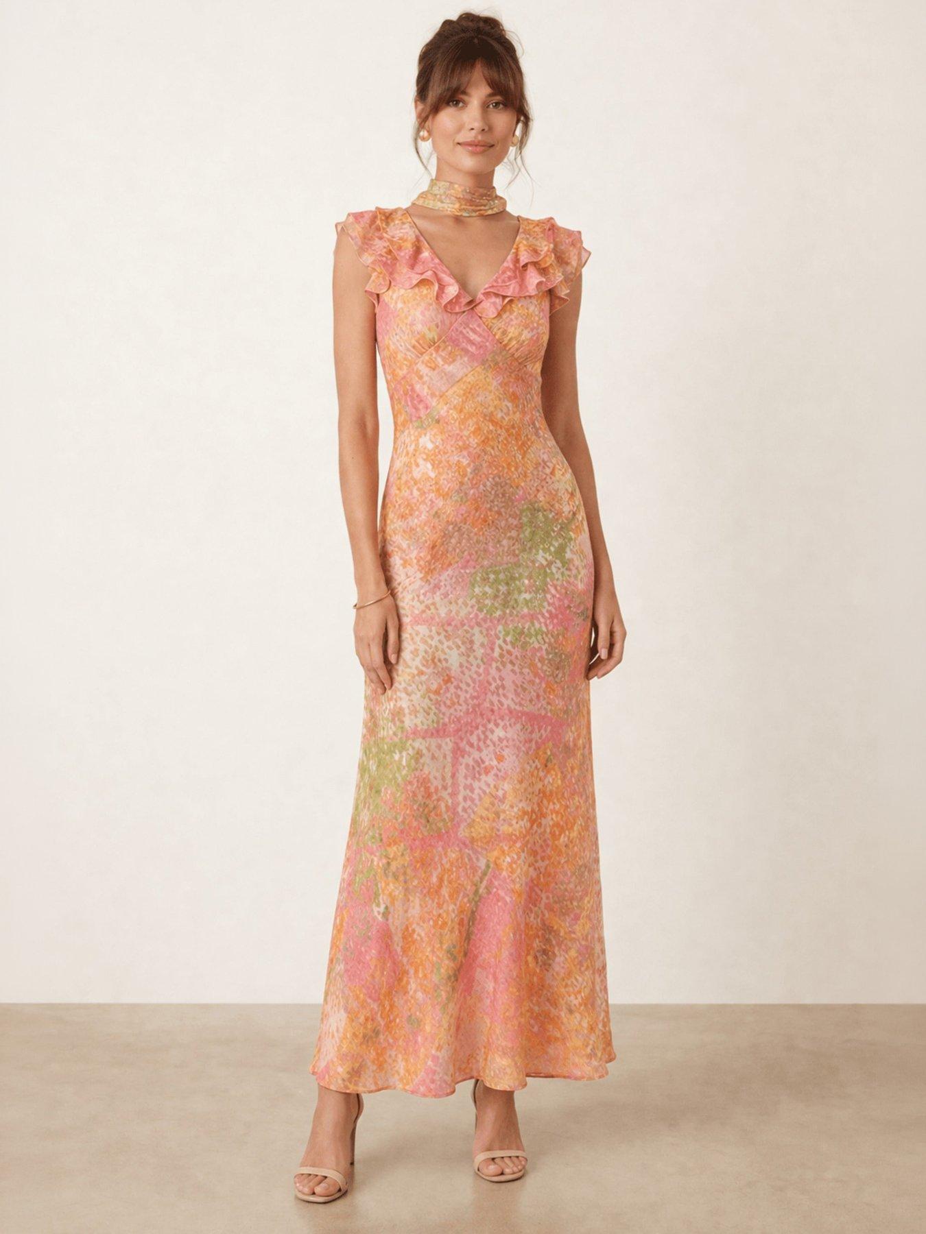 Style Cheat Ruffle Scarf Lurex Print Maxi Dress - Pink//Multi