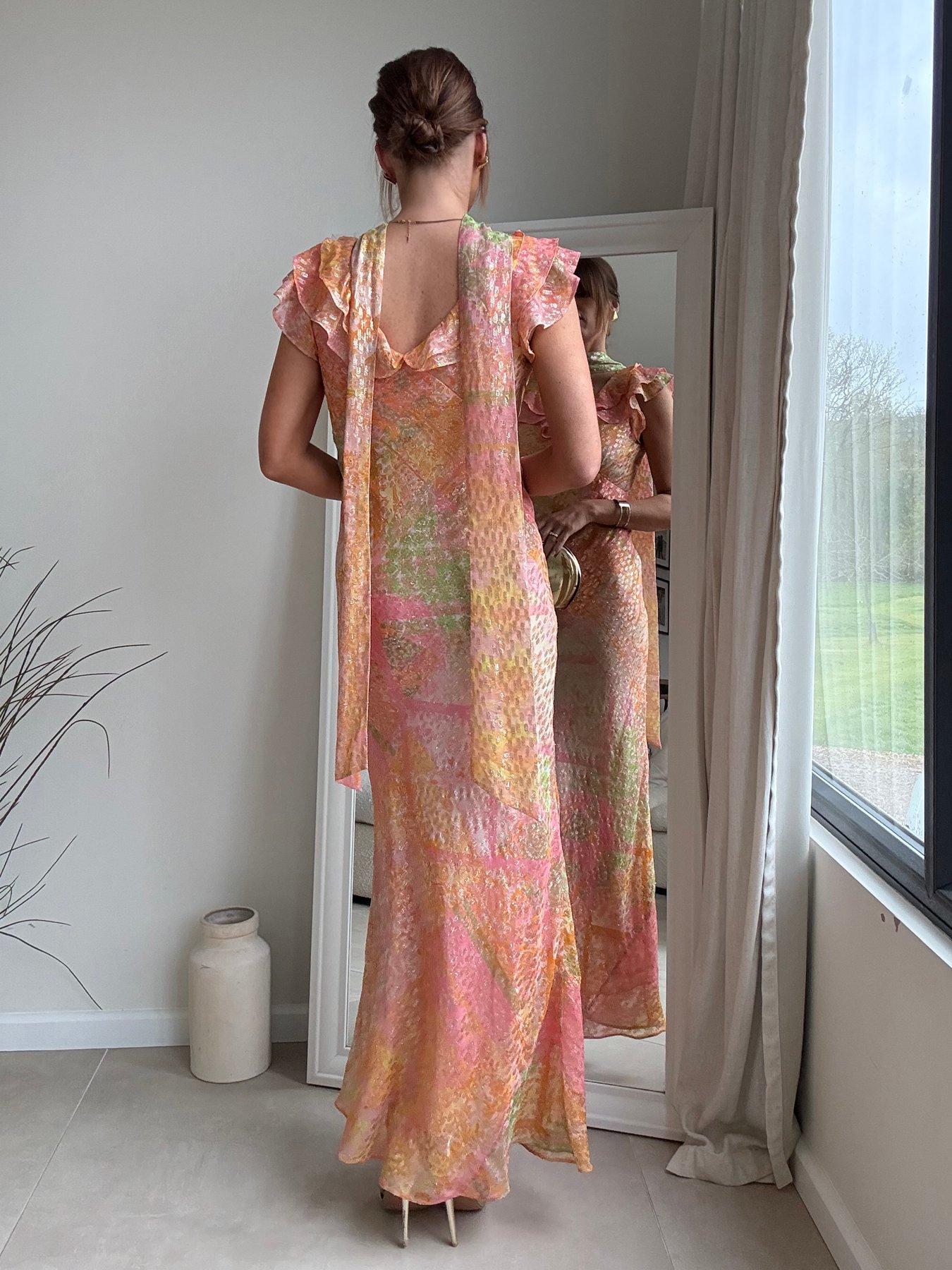 Image 2 of 6 of Style Cheat Ruffle Scarf Lurex Maxi Dress - Pink Multi Print