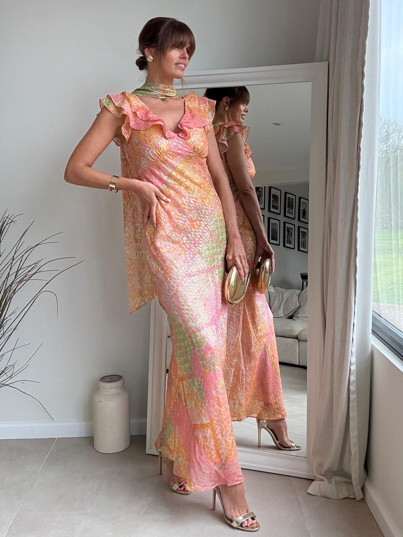 Image 3 of 6 of Style Cheat Ruffle Scarf Lurex Maxi Dress - Pink Multi Print