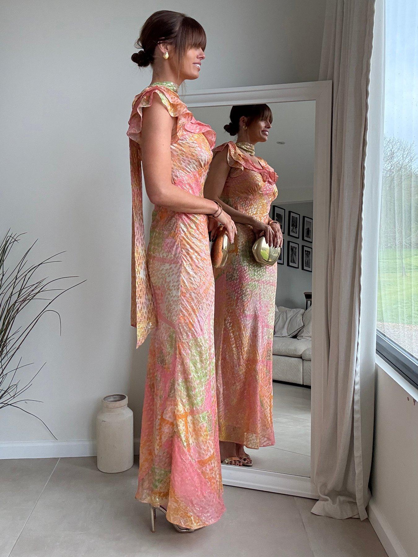 Image 4 of 6 of Style Cheat Ruffle Scarf Lurex Maxi Dress - Pink Multi Print