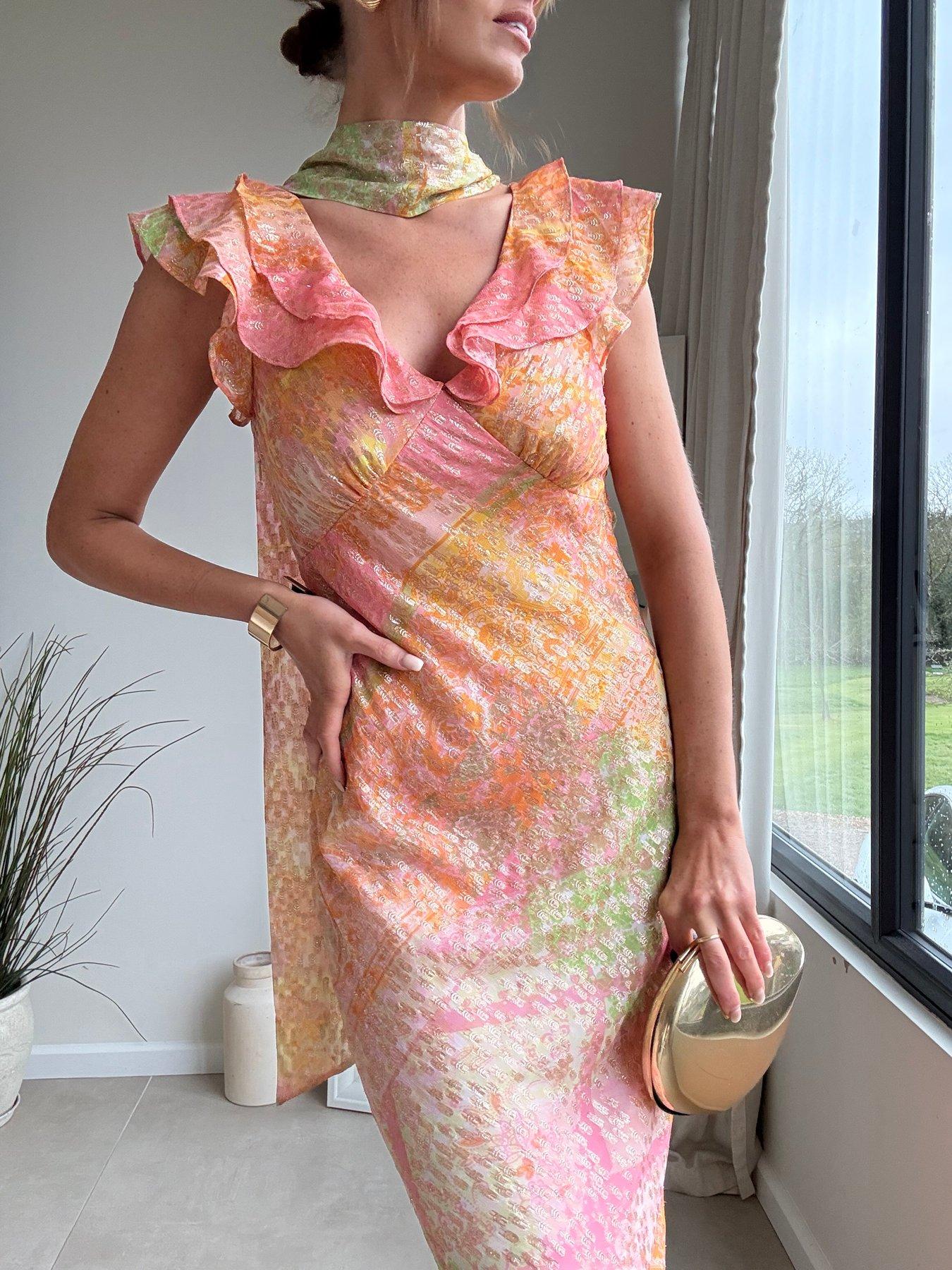 Image 5 of 6 of Style Cheat Ruffle Scarf Lurex Maxi Dress - Pink Multi Print