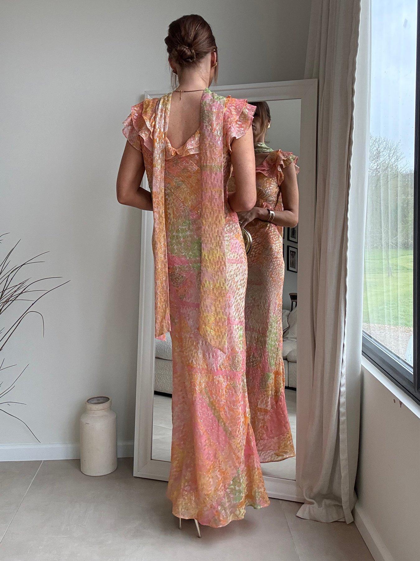 Image 6 of 6 of Style Cheat Ruffle Scarf Lurex Maxi Dress - Pink Multi Print