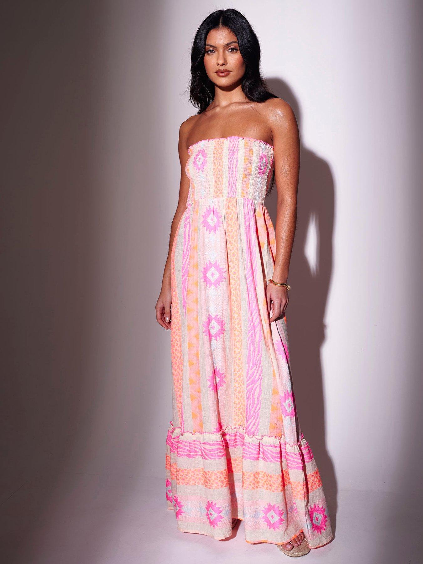 South Beach Smocked Bandeau Tiered Maxi Dress - Multi