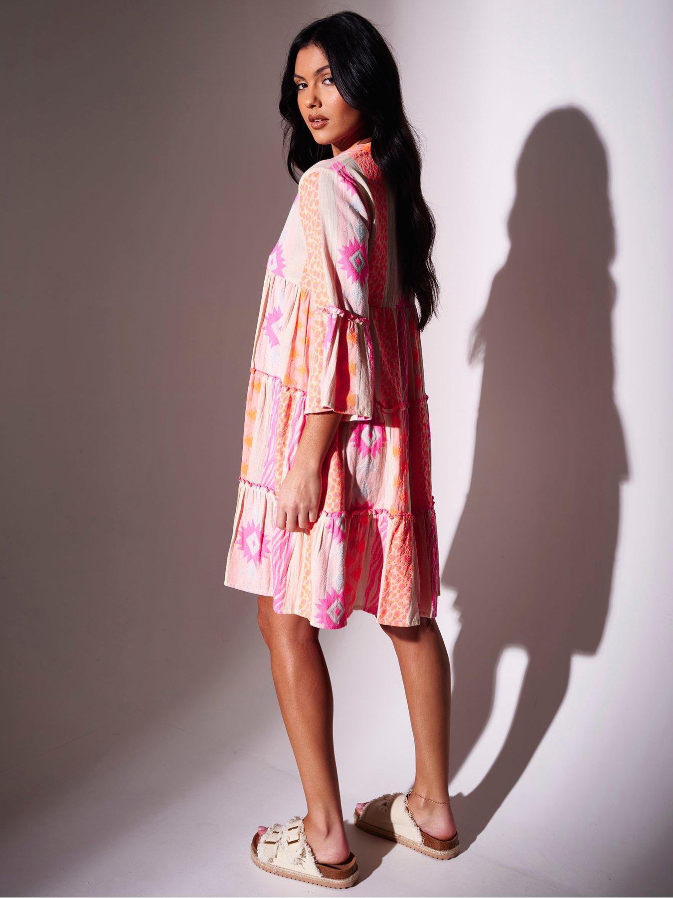 Image 2 of 5 of South Beach Jaquard Long Sleeve Mini Dress - Neon - Multi