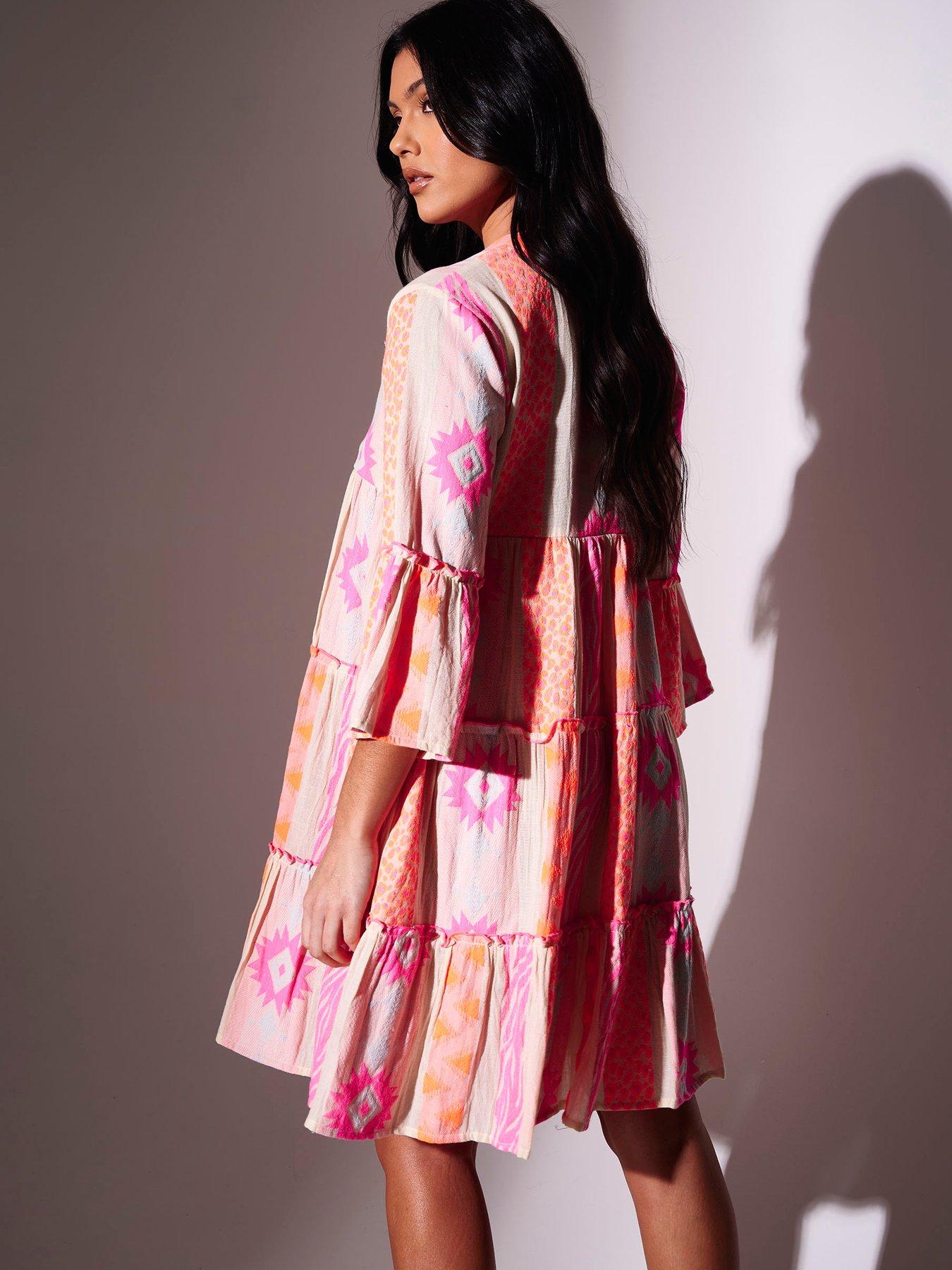 Image 3 of 5 of South Beach Jaquard Long Sleeve Mini Dress - Neon - Multi