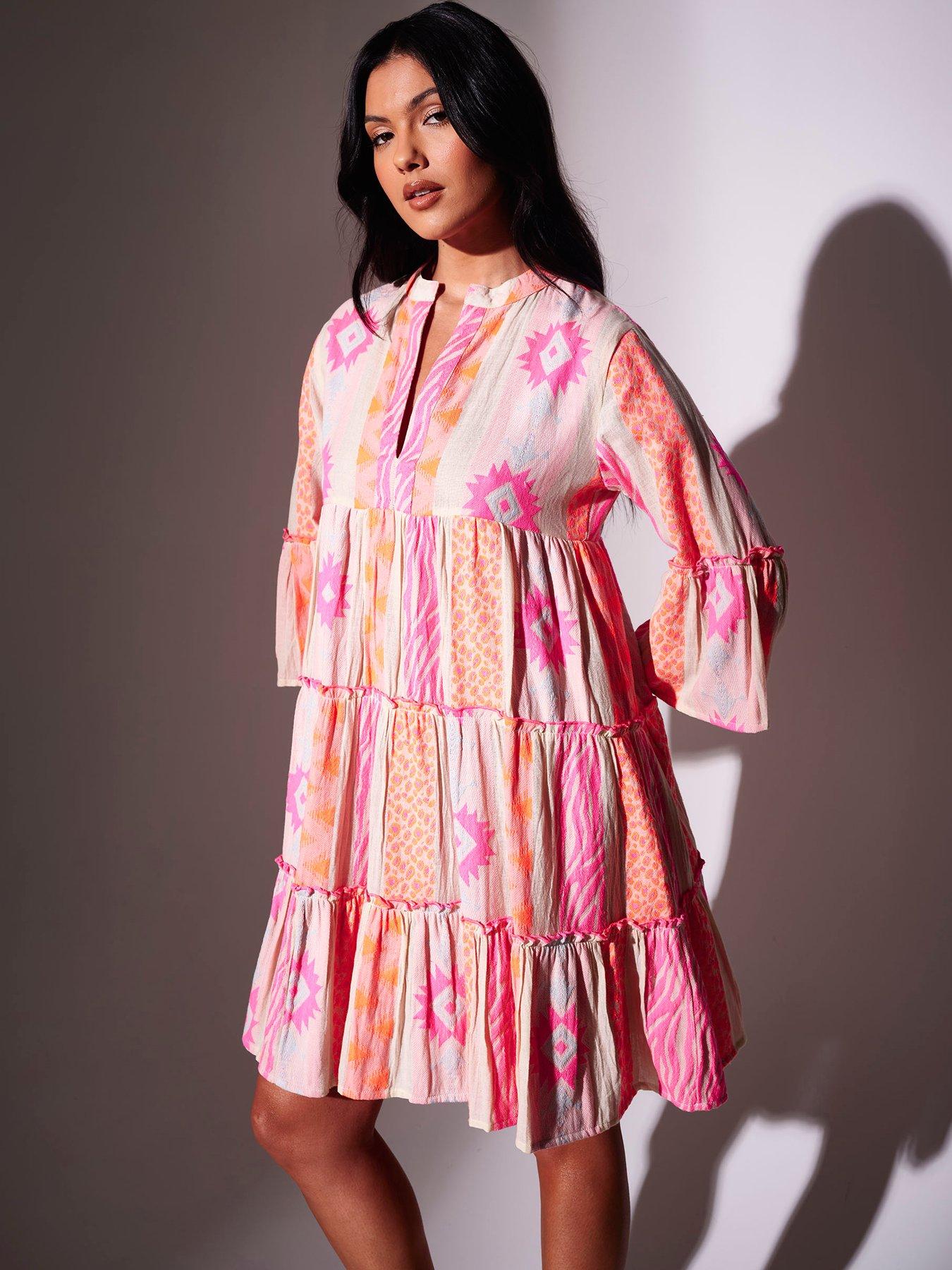 Image 4 of 5 of South Beach Jaquard Long Sleeve Mini Dress - Neon - Multi