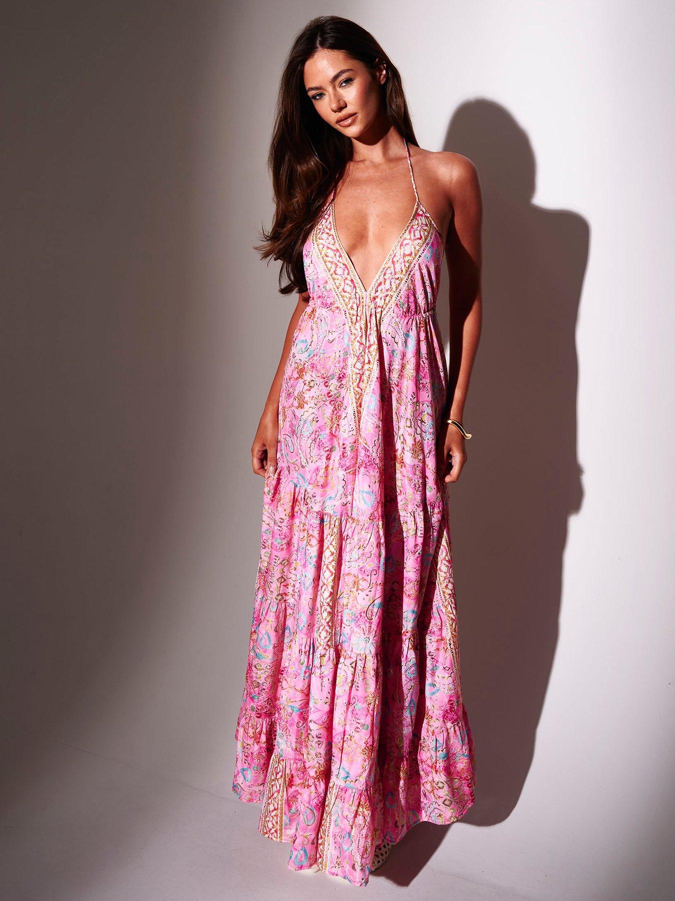 Image 1 of 6 of South Beach Paisley Printed Halterneck V Neck Maxi Scarf Dress - Pink