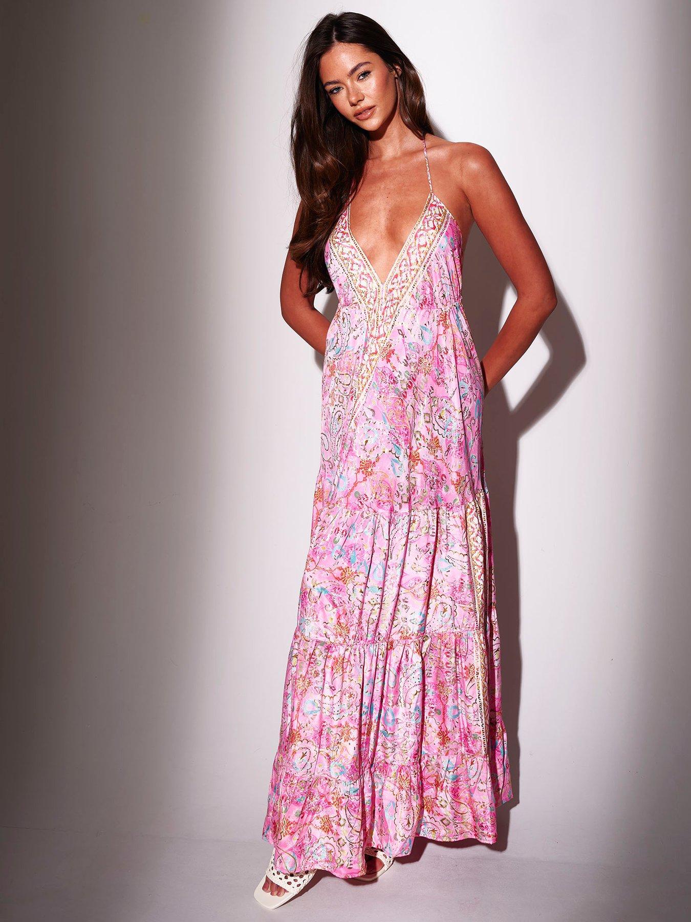 Image 2 of 6 of South Beach Paisley Printed Halterneck V Neck Maxi Scarf Dress - Pink