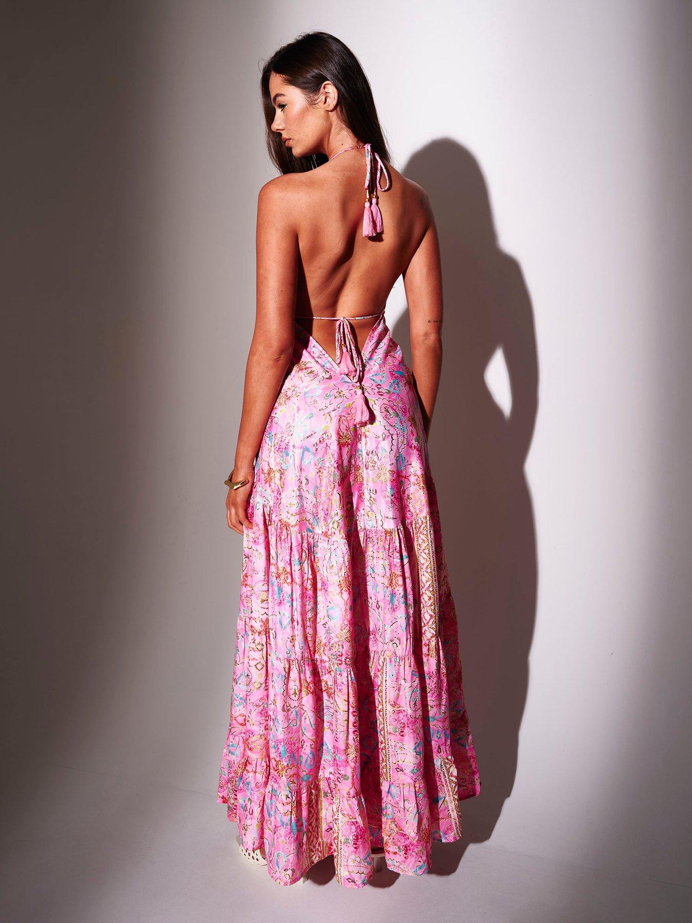 Image 5 of 6 of South Beach Paisley Printed Halterneck V Neck Maxi Scarf Dress - Pink