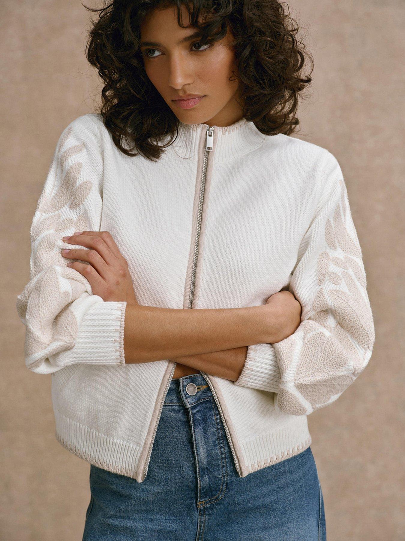 Image 1 of 6 of Mint Velvet Embroidery Zip Knit - Ivory