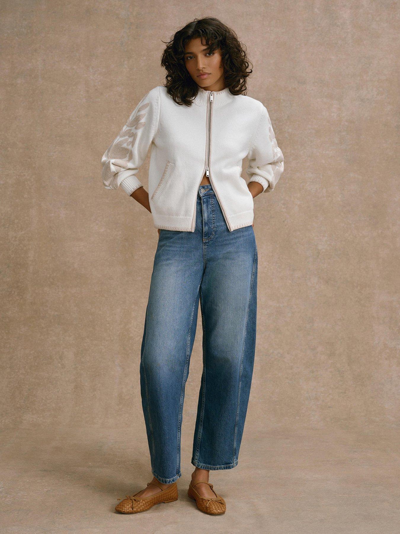 Image 4 of 6 of Mint Velvet Embroidery Zip Knit - Ivory