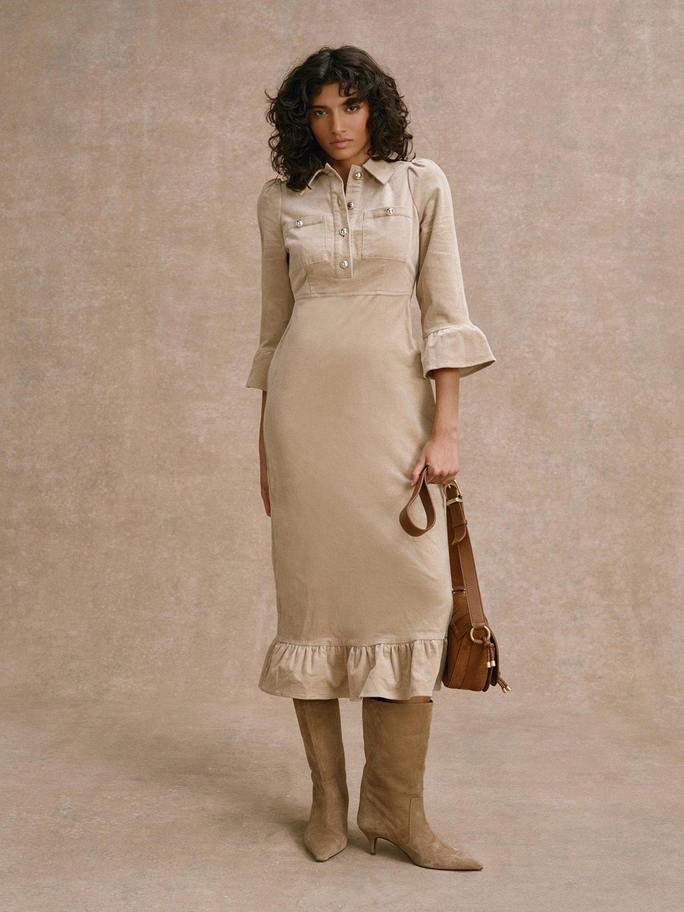 Image 1 of 6 of Mint Velvet Cord Shirt Midi Dress - Stone