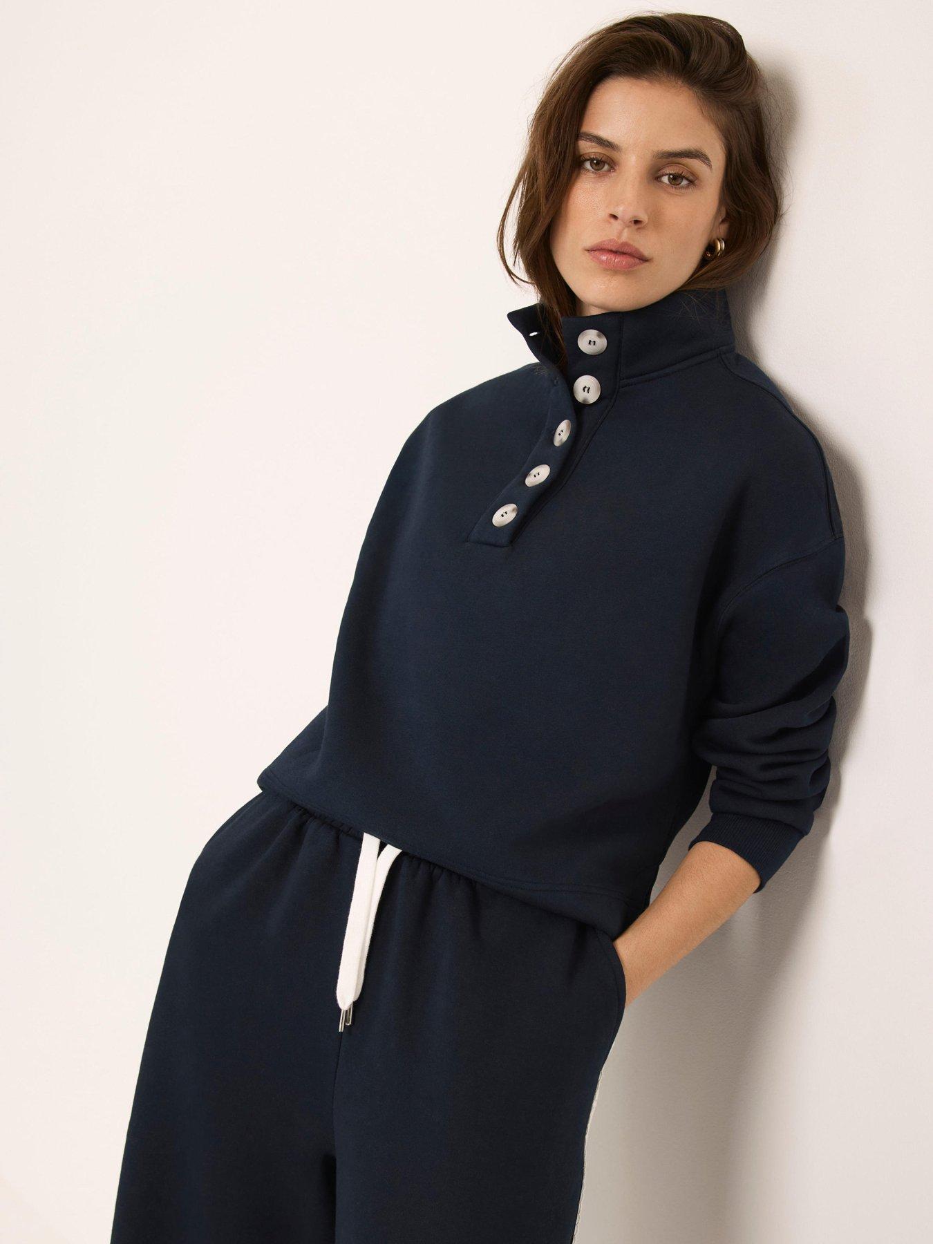 Mint Velvet Button Neck Sweatshirt -Navy Blue
