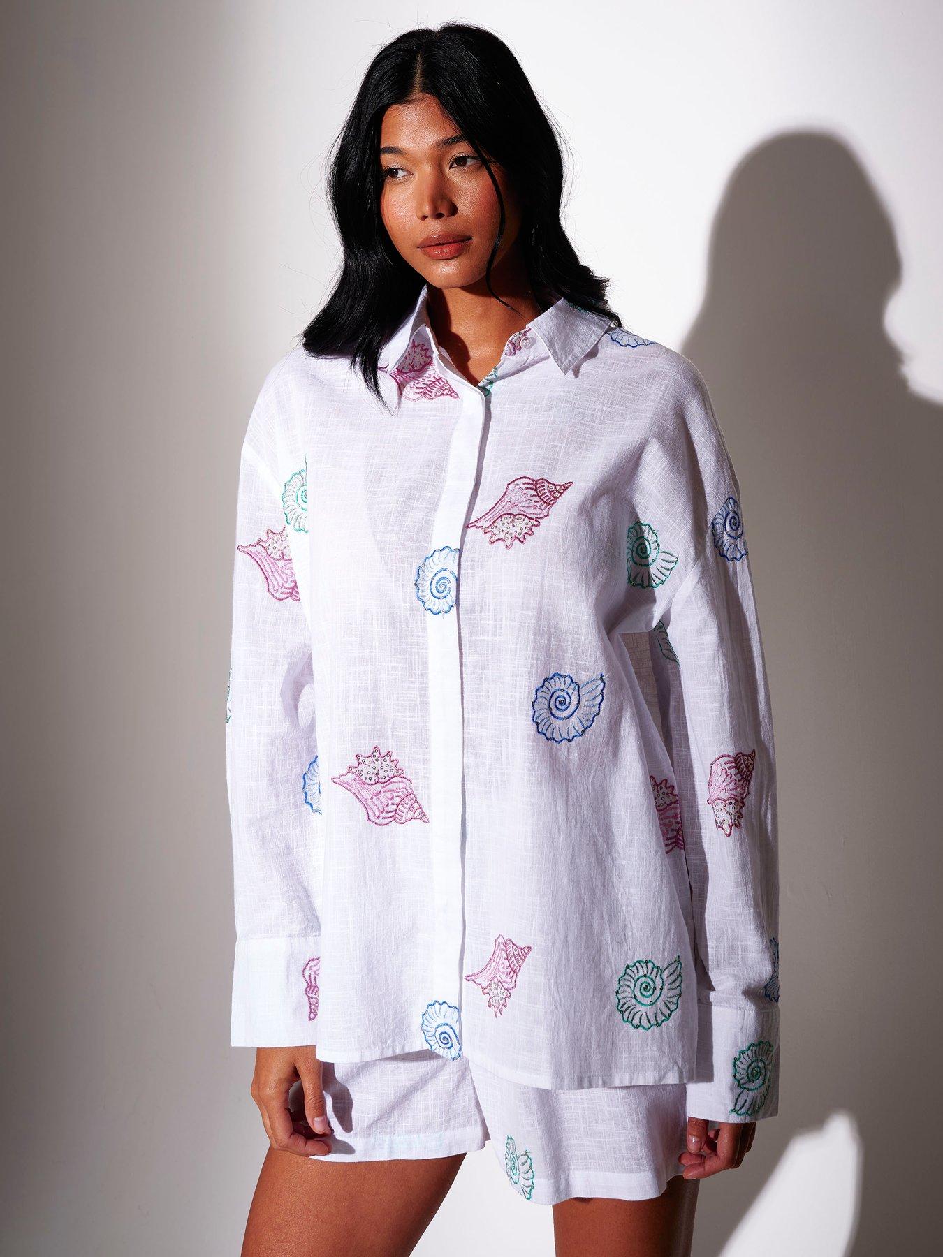 Image 2 of 4 of South Beach Sequin Seashell Embroidered Long Sleeve Shirt - Multi