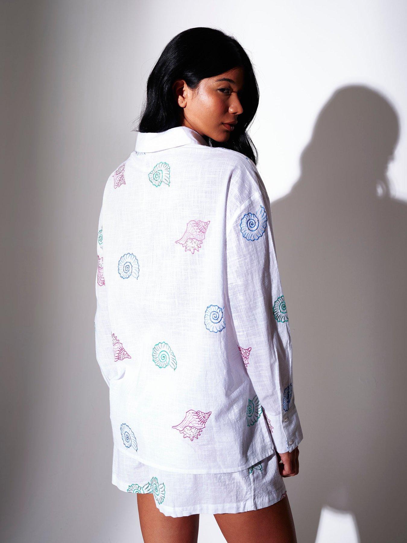 Image 3 of 4 of South Beach Sequin Seashell Embroidered Long Sleeve Shirt - Multi