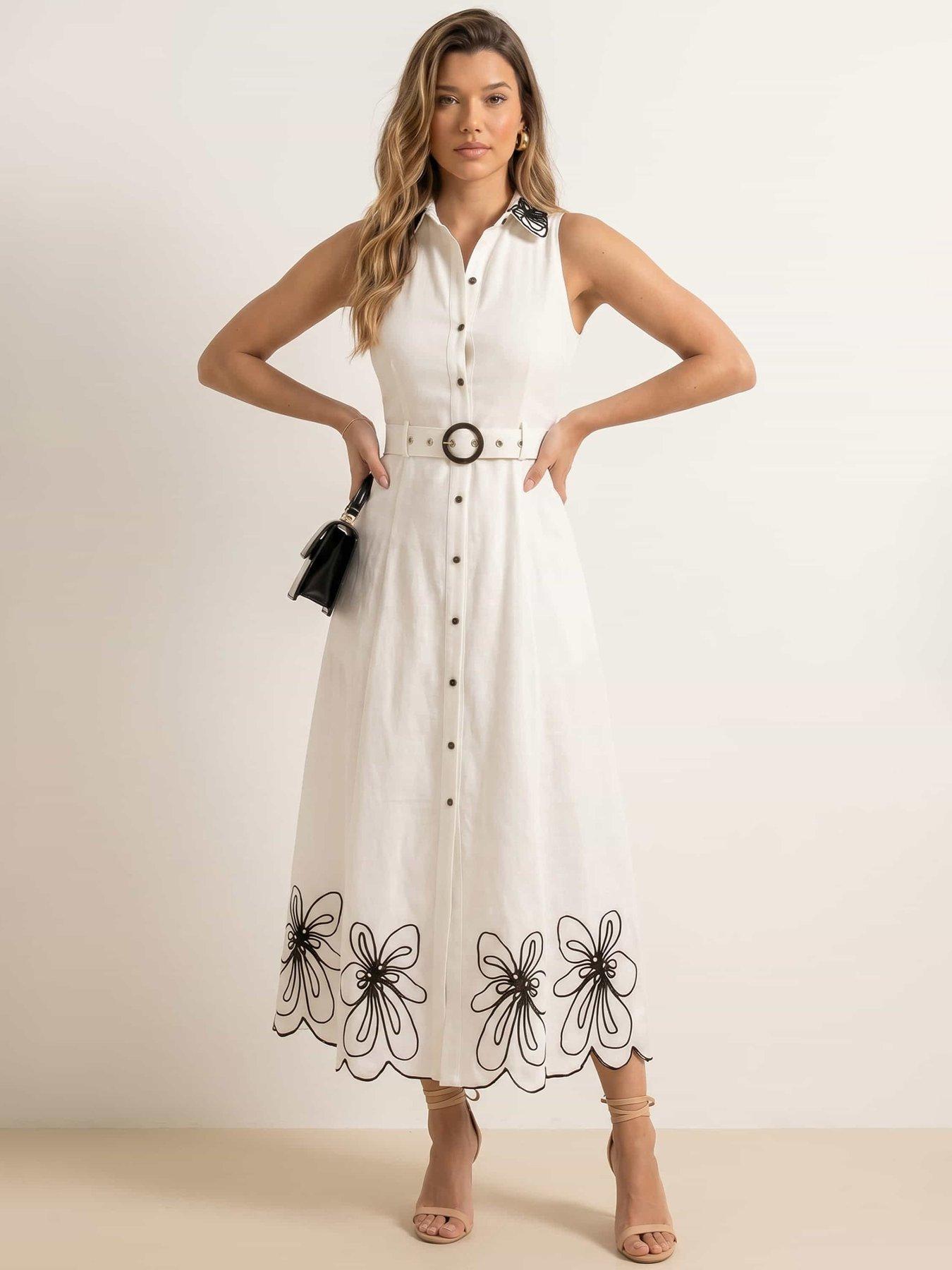 Image 2 of 4 of Style Cheat Embroidered Linen Sleeveless Daphne Dress - White - Black