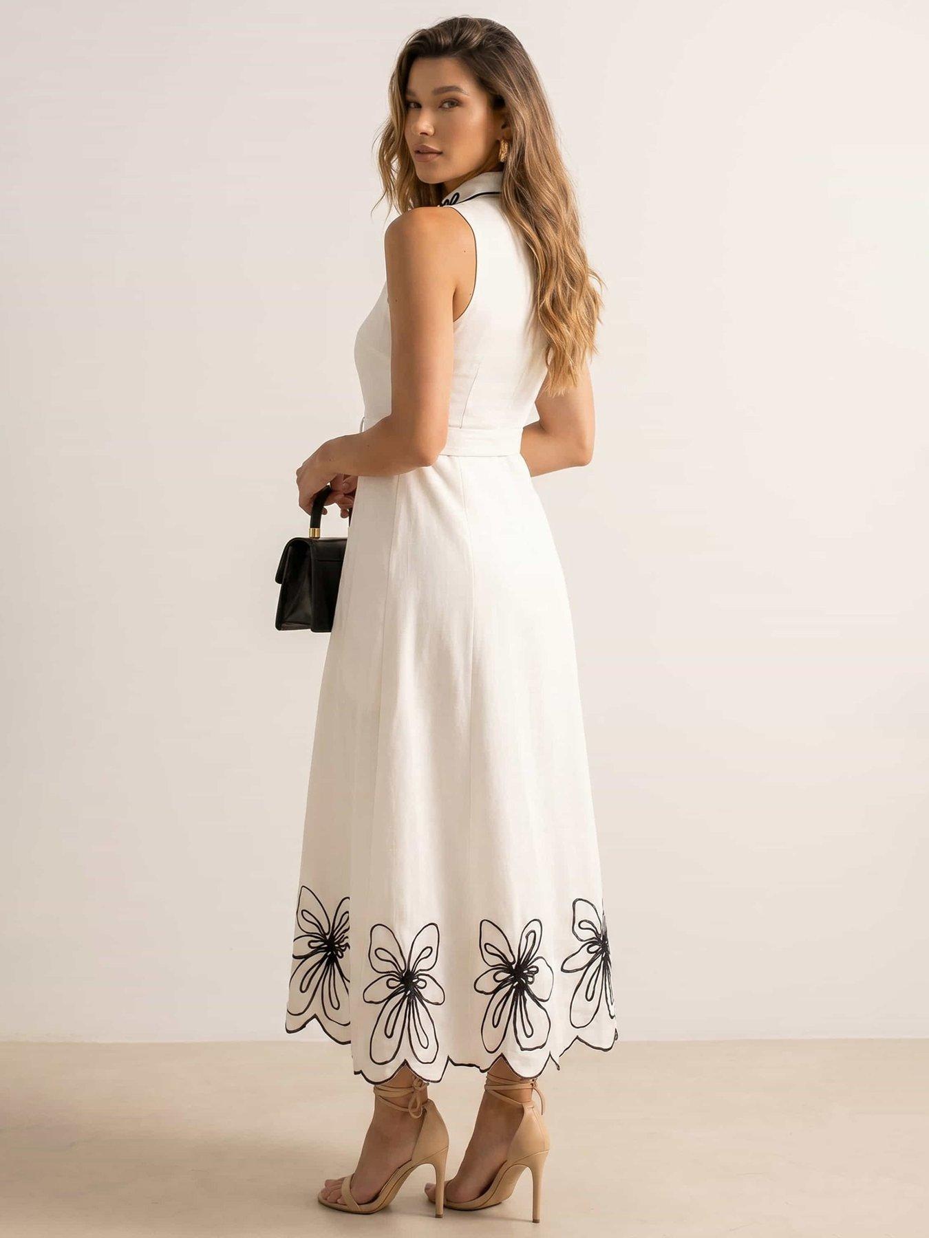 Image 3 of 4 of Style Cheat Embroidered Linen Sleeveless Daphne Dress - White - Black