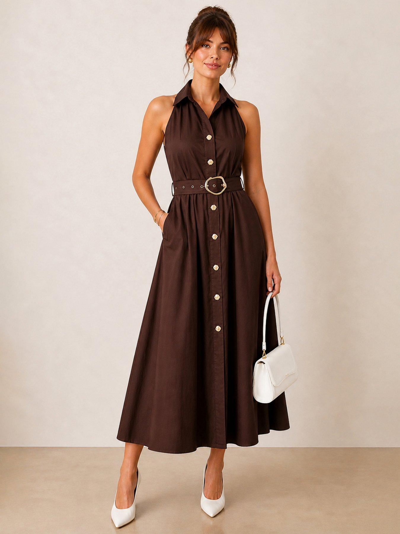 Style Cheat Cotton Racer Shirt Sleeveless Midi Dress - Brown
