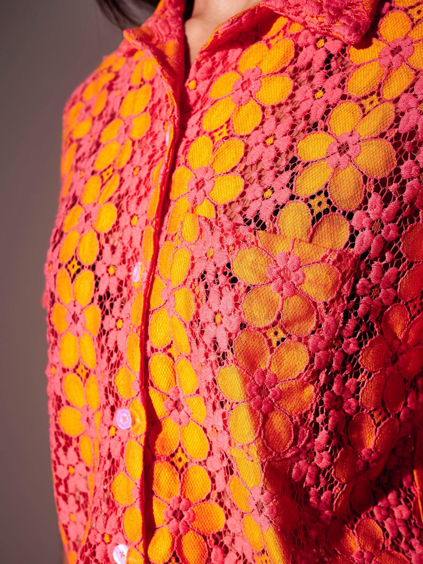 Image 5 of 5 of South Beach Floral Crochet Short Sleeve Shirt - Multi