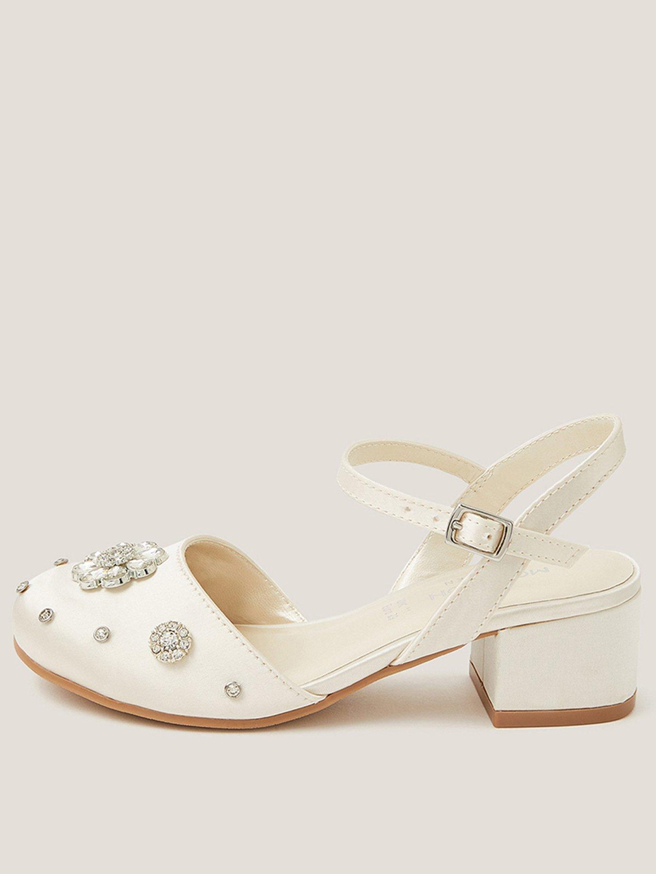 Monsoon Girls Satin Flower Gem 2 Part Heel Shoes - Light Cream