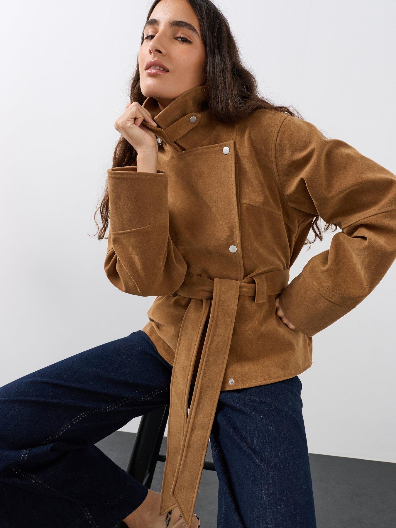 Image 1 of 7 of The Very Collection Faux Suede Belted Jacket - Brown